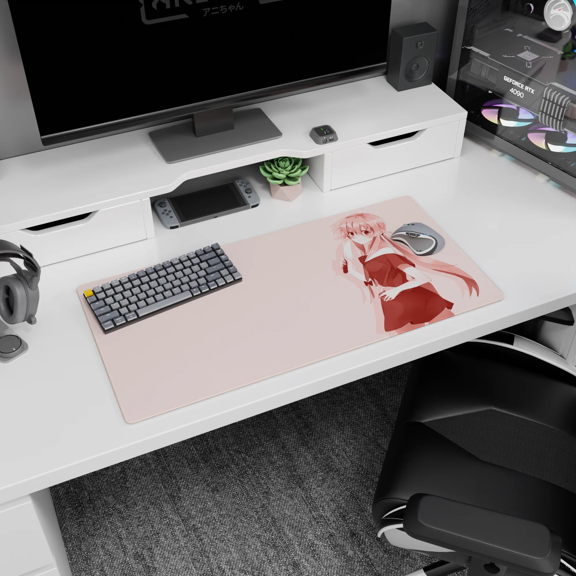 Shy pink-haired anime girl holding a knife mouse pad 32x16 inches, crisp silhouette on clean space.