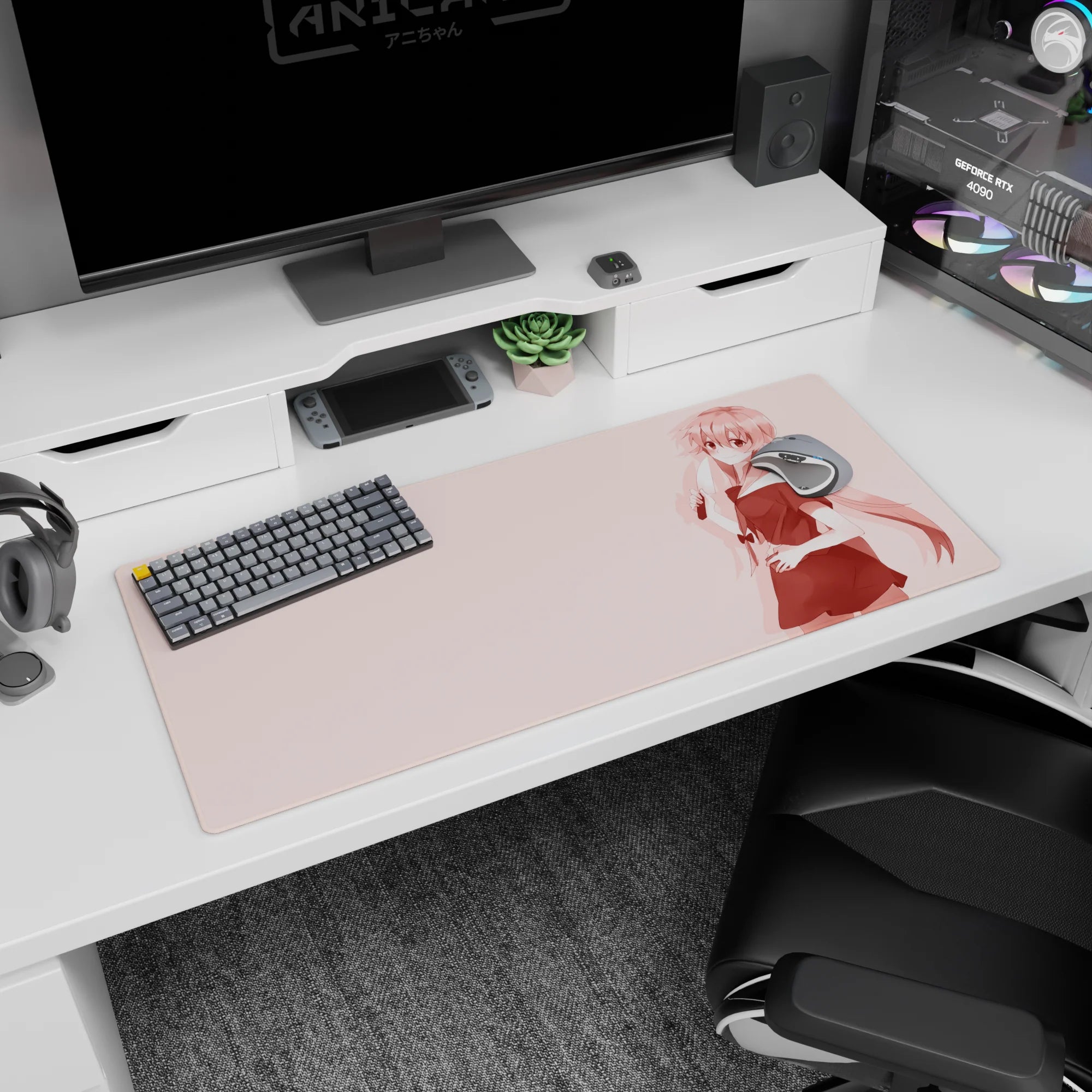 36x16 inches desk pad featuring a shy-smiling anime girl holding a knife, crisp silhouette on soft pink.
