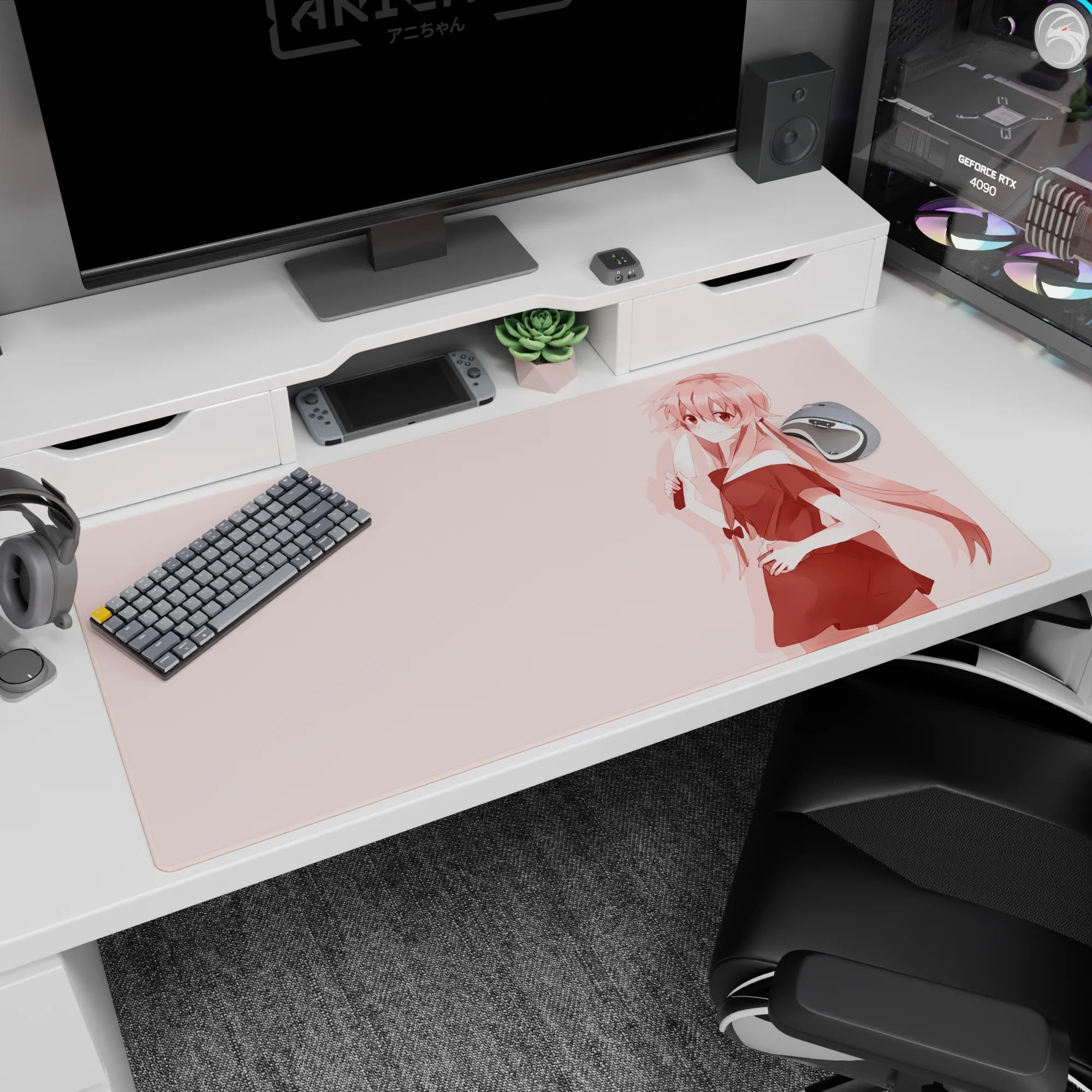 Shy smiling anime girl holding a knife in pastel pink scene desk pad, 40x20 inches.