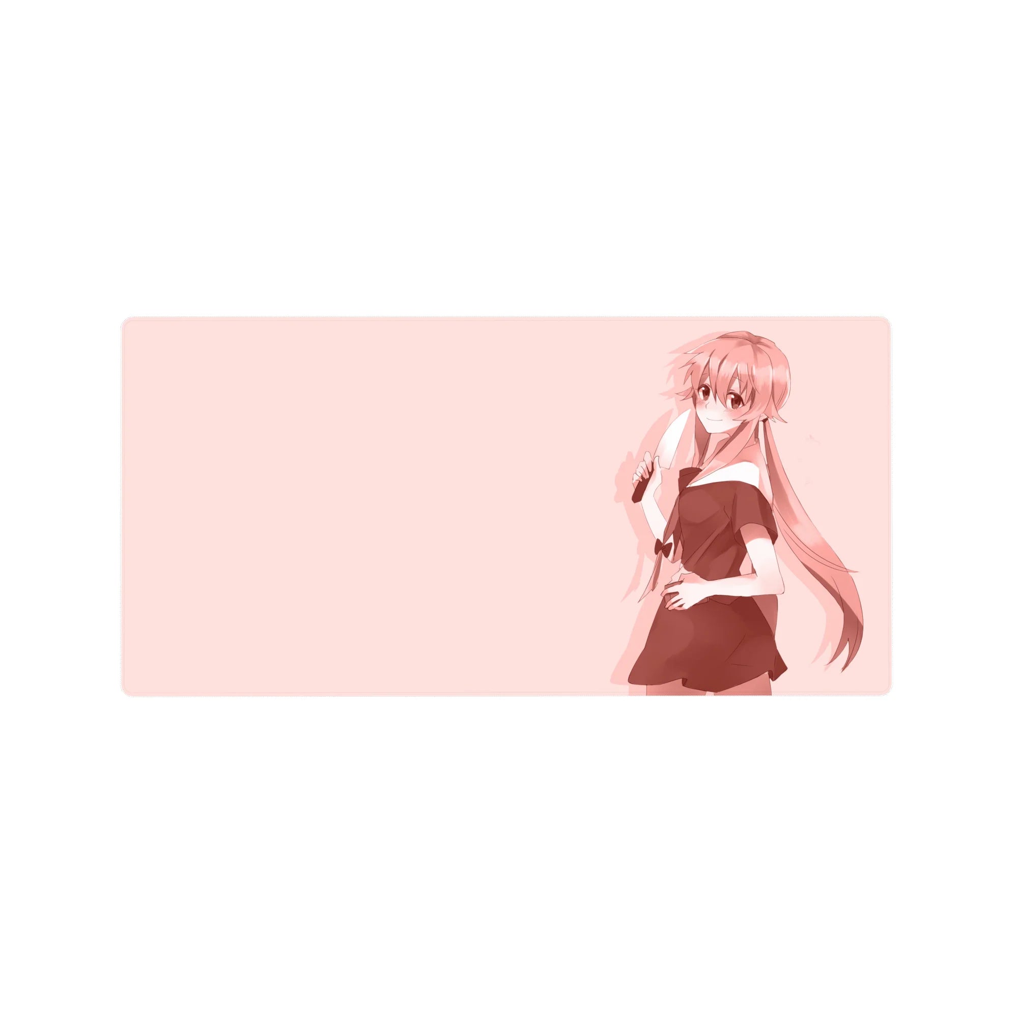 Wide negative space anime girl mouse pad 32x16 inches, pastel yandere silhouette with knife.