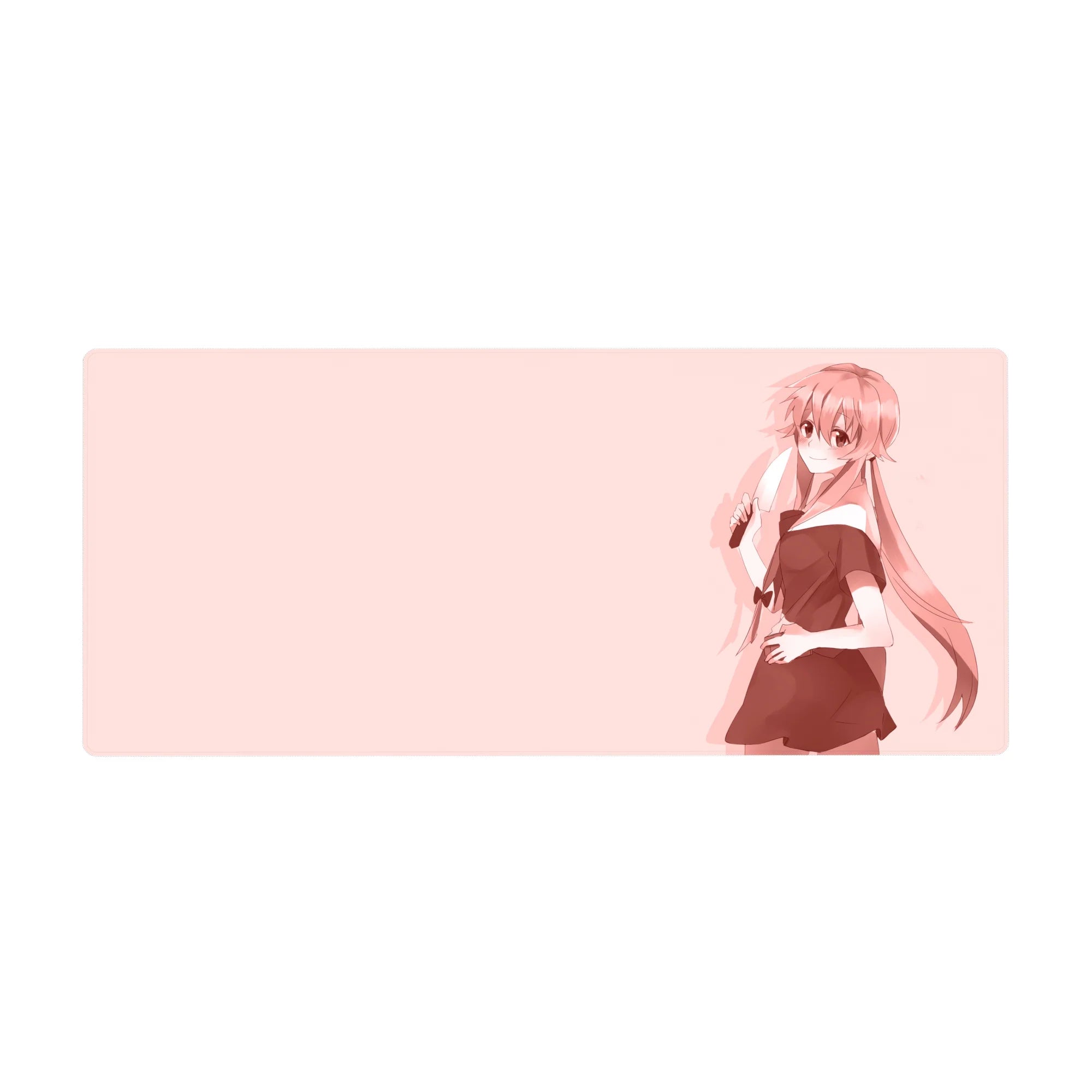 36x16 inches anime girl desk pad with pastel pink yandere art, knife silhouette, and clean negative space.