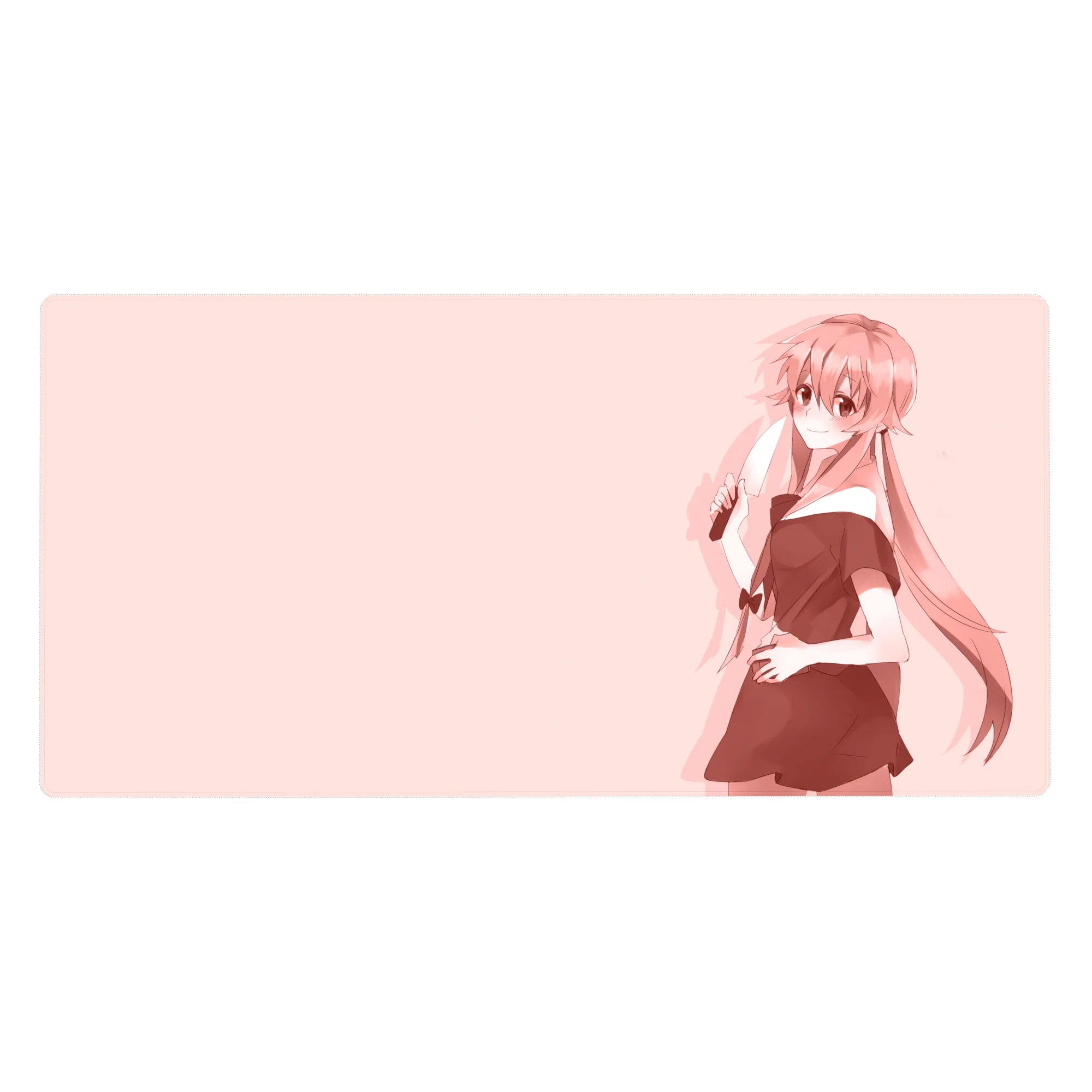 Pastel pink anime girl desk pad with knife silhouette and clean negative space, 40x20 inches.