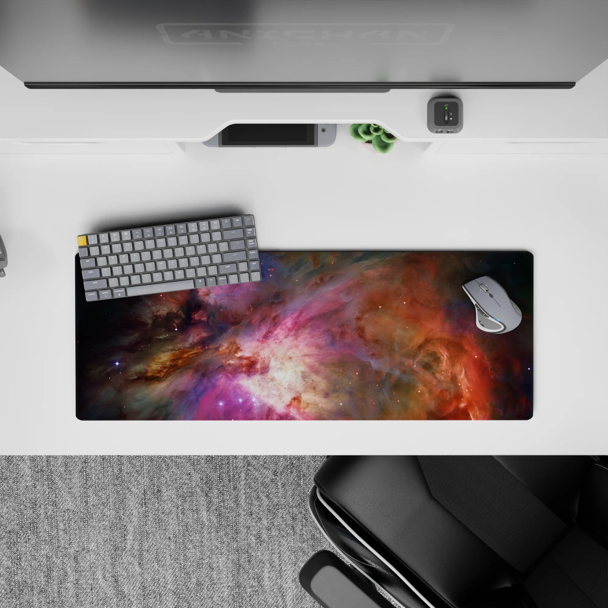 Moody purple-to-orange space mouse pad 32x12 inches with soft starlight glow and dreamy vibe.
