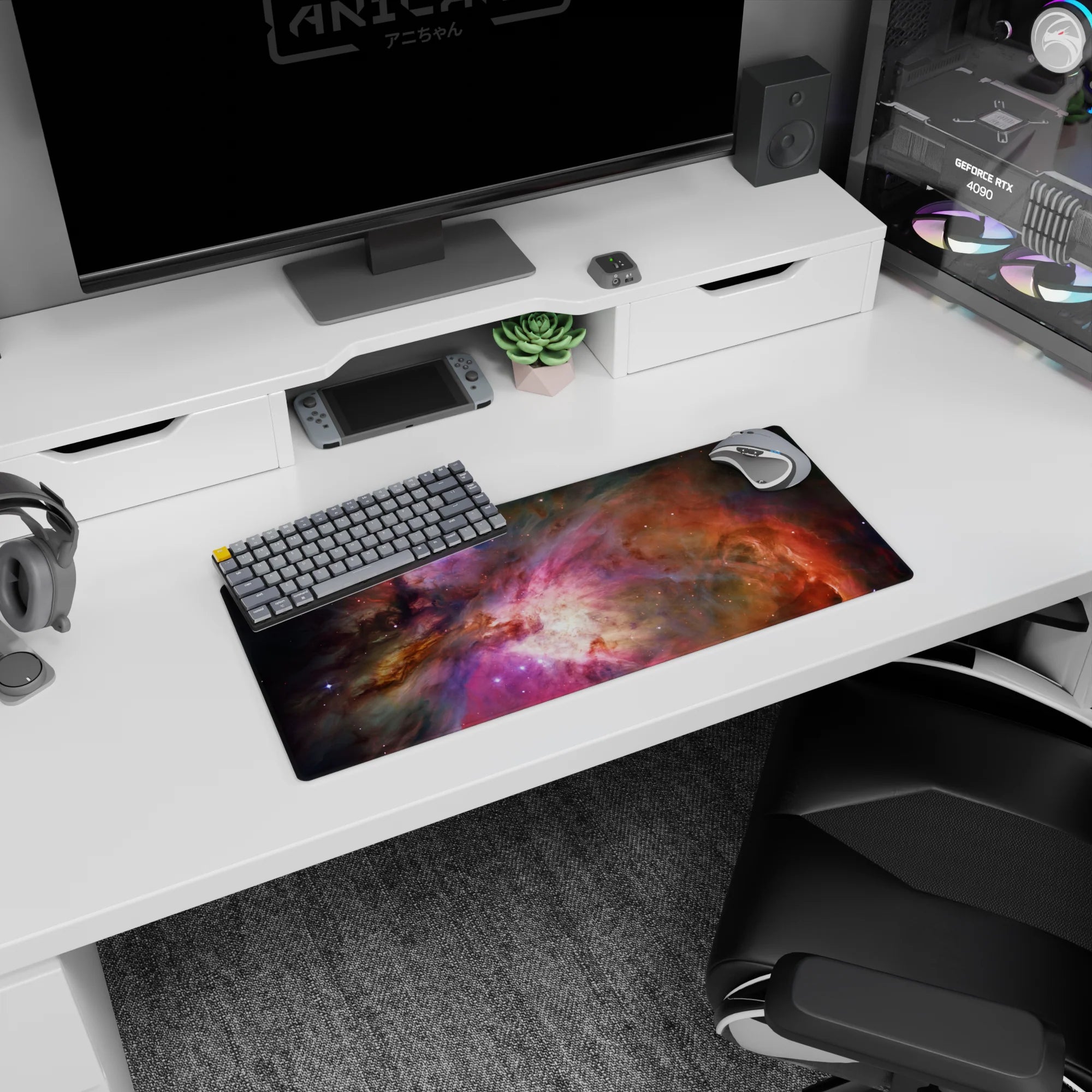 Space cloud scene mouse pad 28x12 inches featuring inky shadows and a glowing center like a window to space.