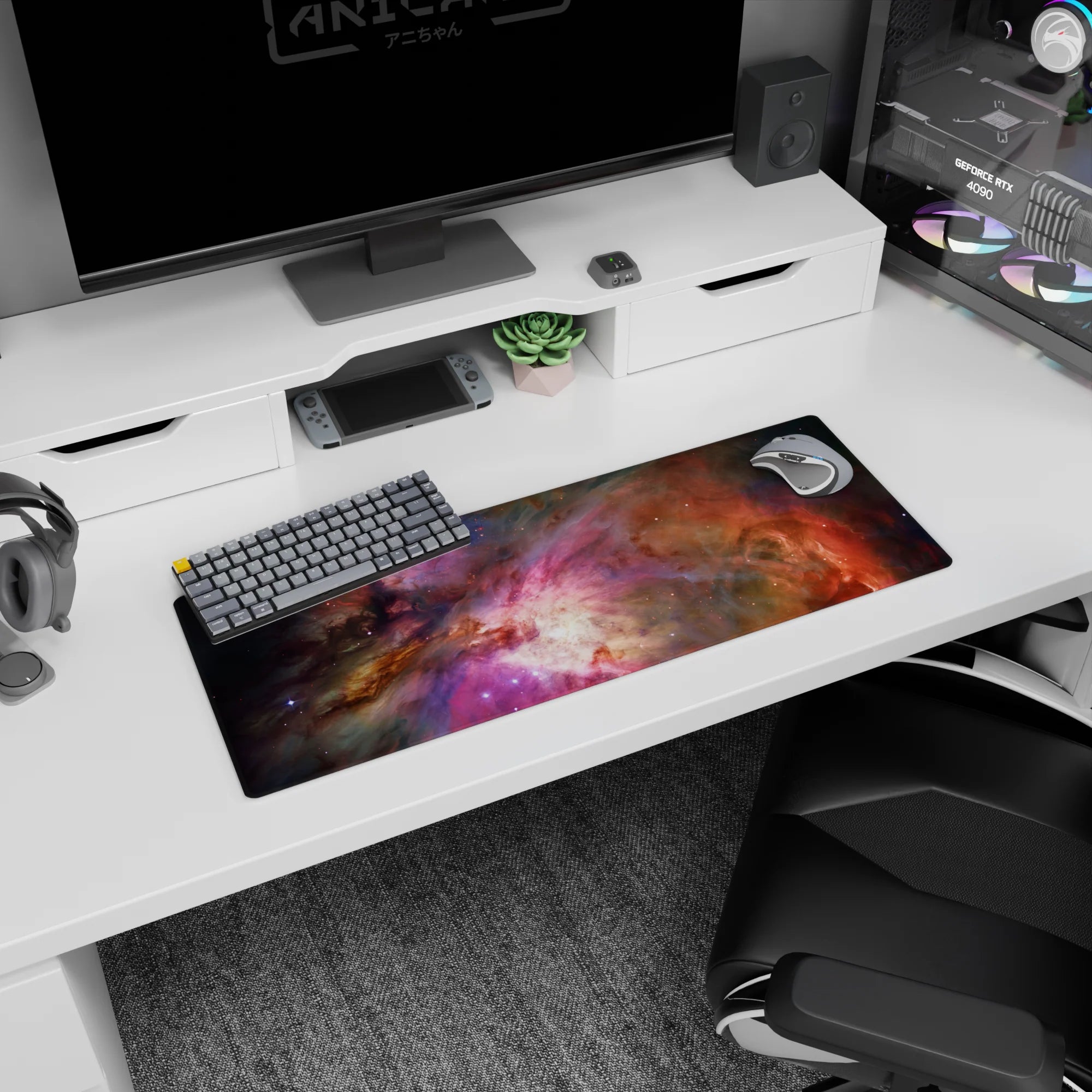 Cosmic cloud scene mouse pad 32x12 inches showing a glowing nebula center amid dark space.