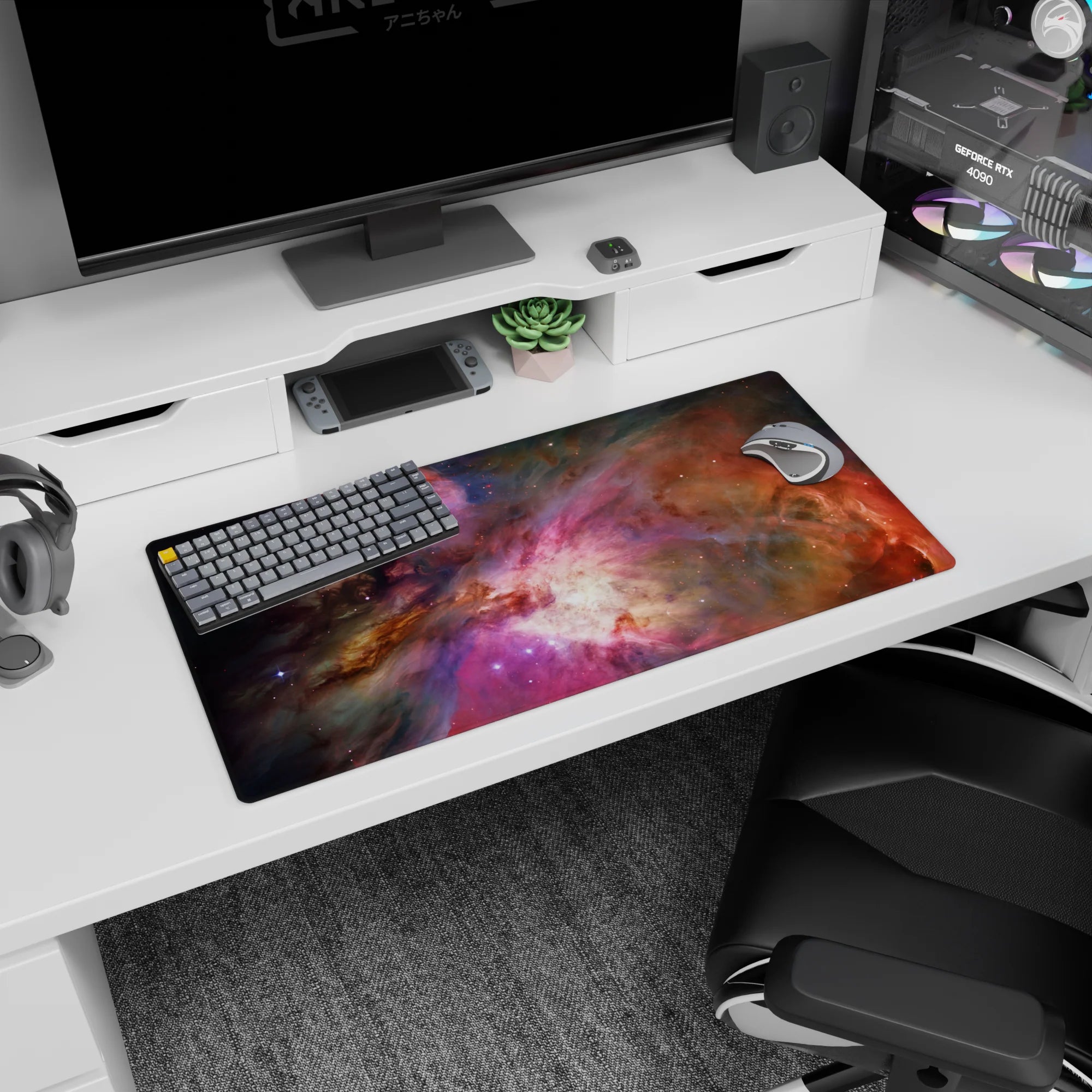 Starlit nebula window scene mouse pad 32x16 inches featuring a glowing center amid cosmic clouds.