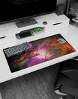 Starlit nebula window scene mouse pad 32x16 inches featuring a glowing center amid cosmic clouds.