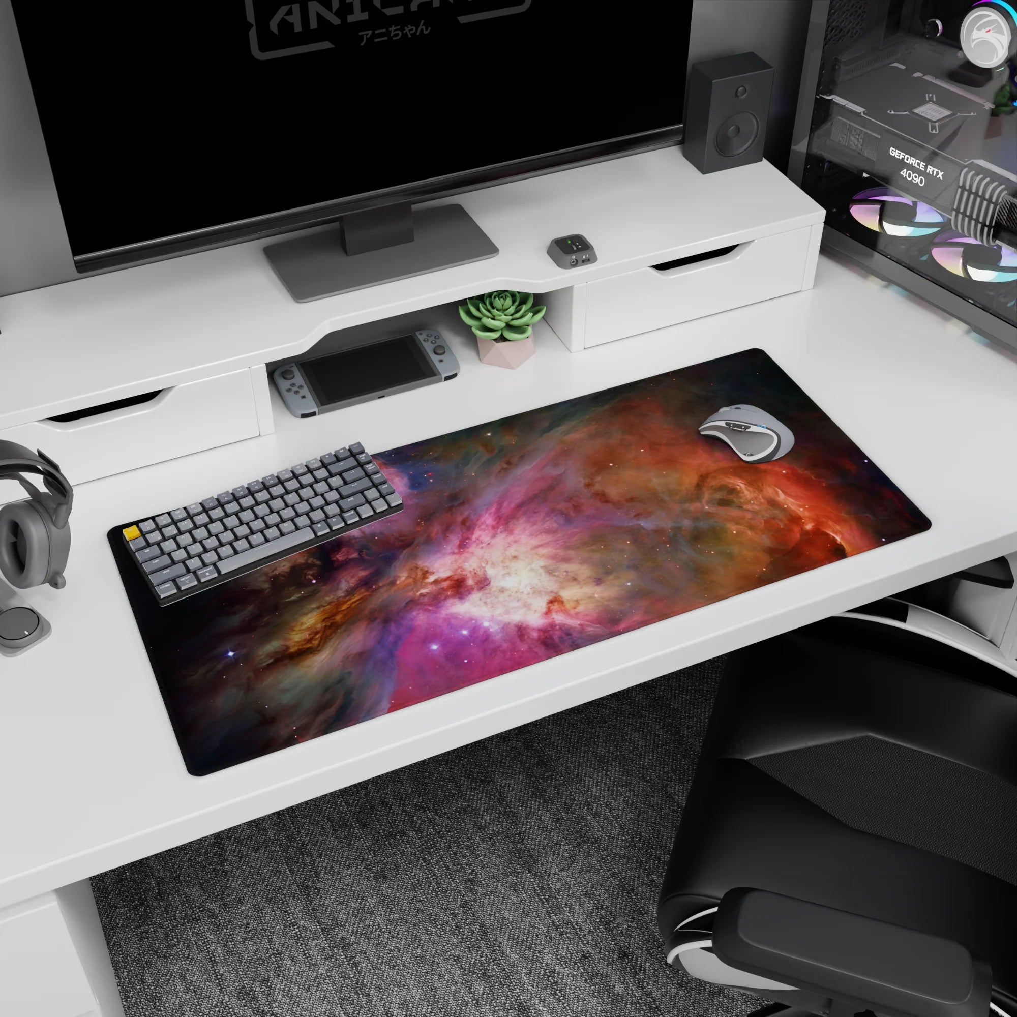 Space window desk pad 36x16 inches showing a cloudy nebula scene with a luminous center and shadowy edges.