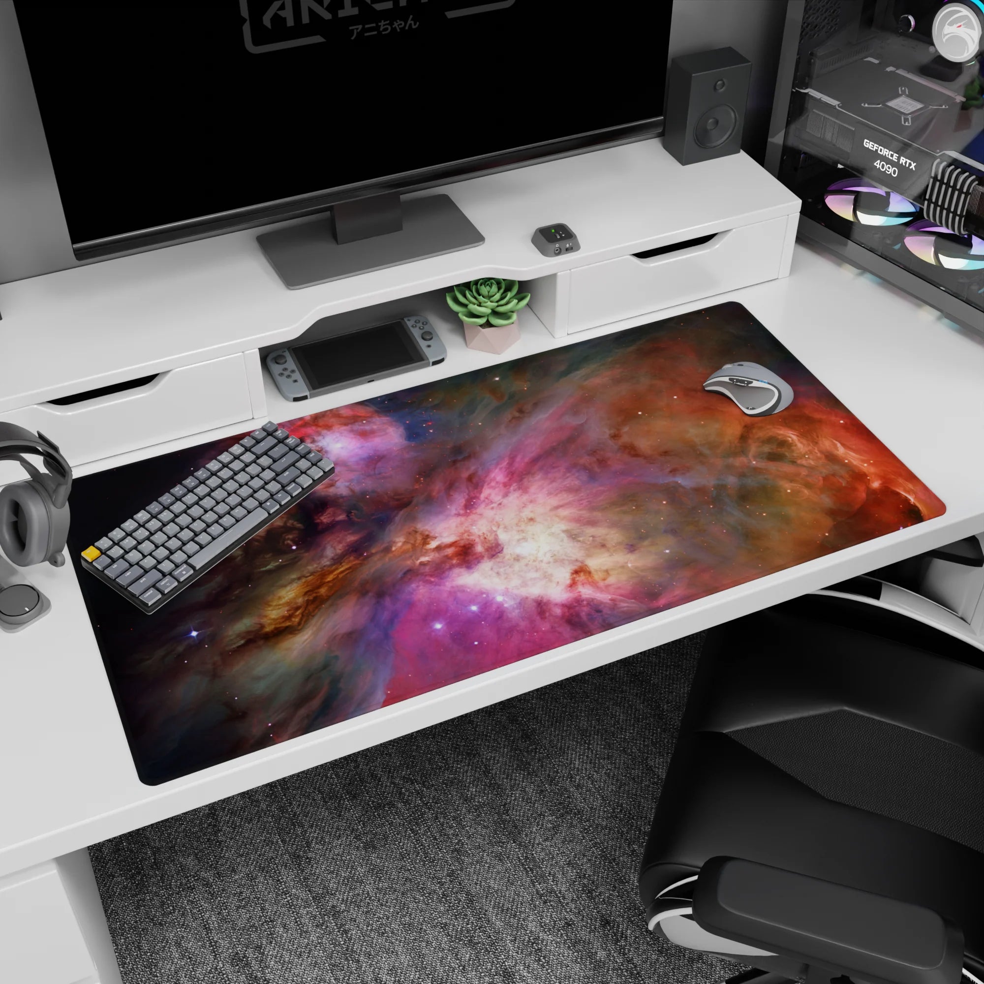 Starlit nebula scene desk pad 40x20 inches featuring a bright core amid cloudy cosmic clouds.