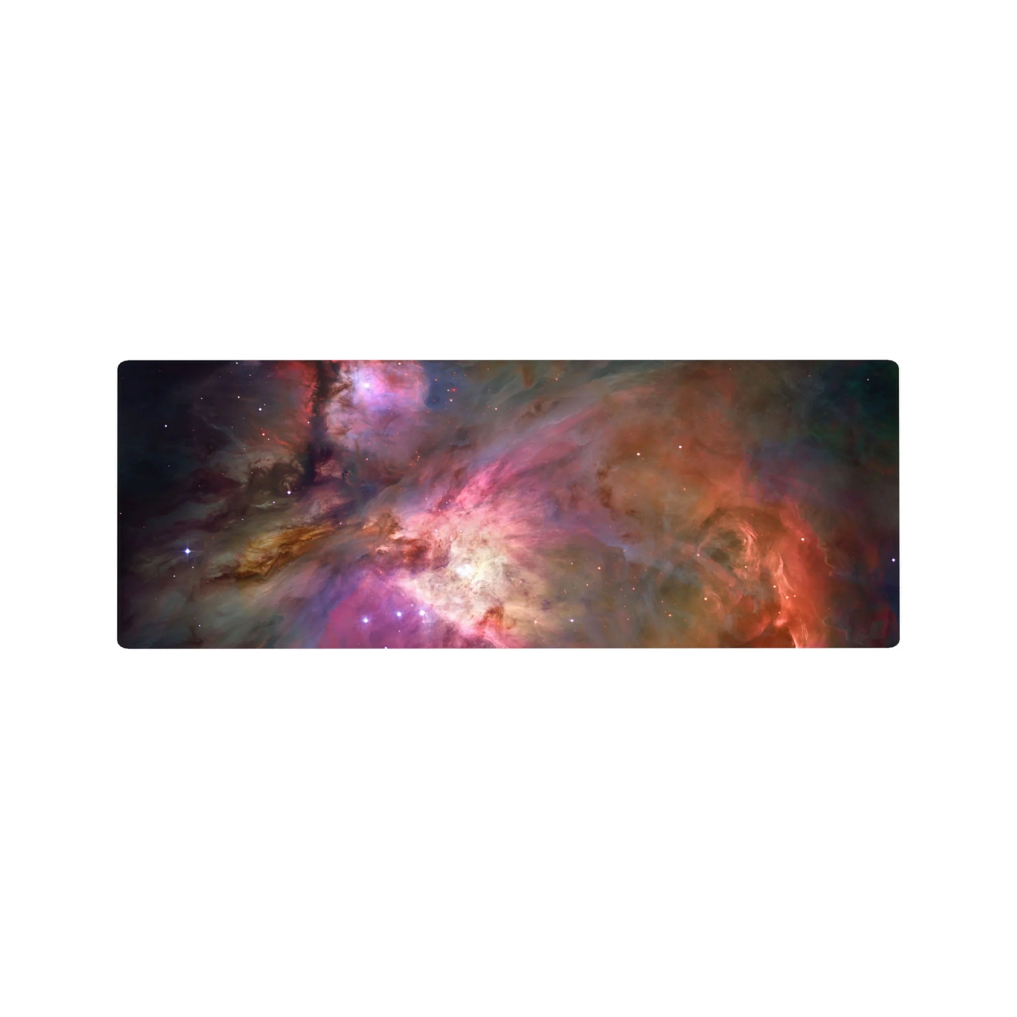 Nebula galaxy desk mouse pad 32x12 inches with smoky swirls, inky shadows, and bright core.
