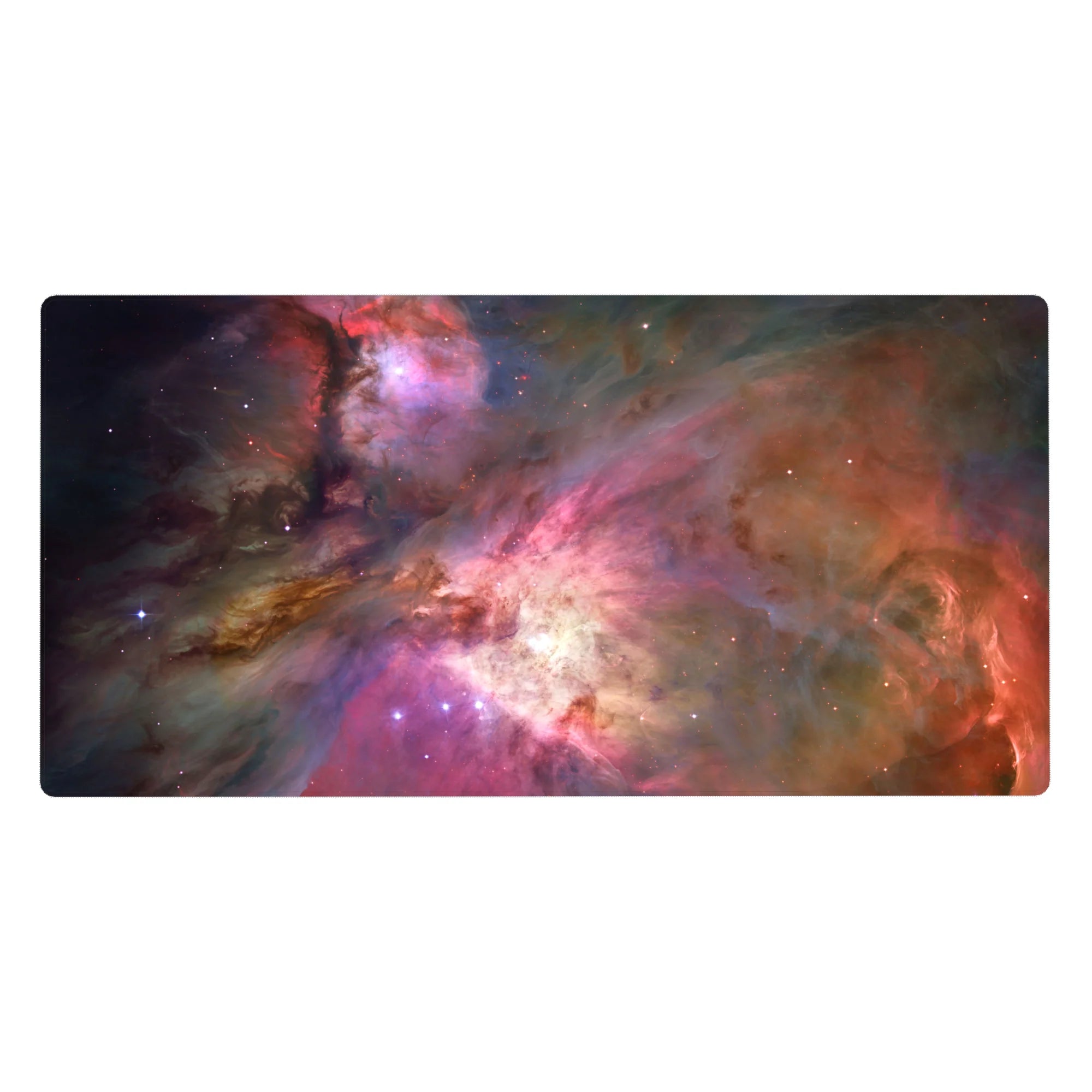 Nebula galaxy desk pad 40x20 inches with smoky swirls, inky shadows, and a glowing core.