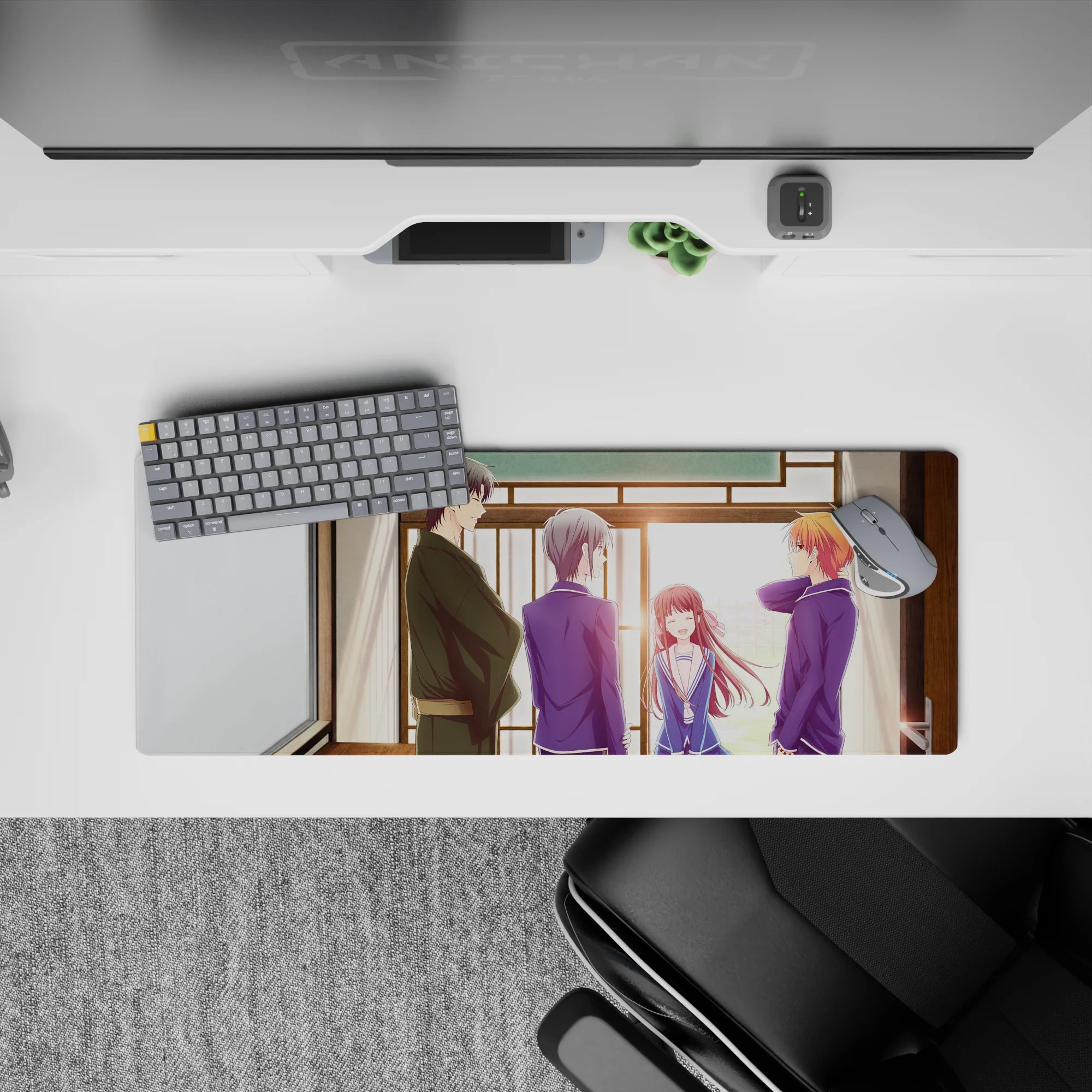 32x12 inches anime mouse pad in soft sunlit browns and navy, warm afternoon glow and gentle romance vibe.