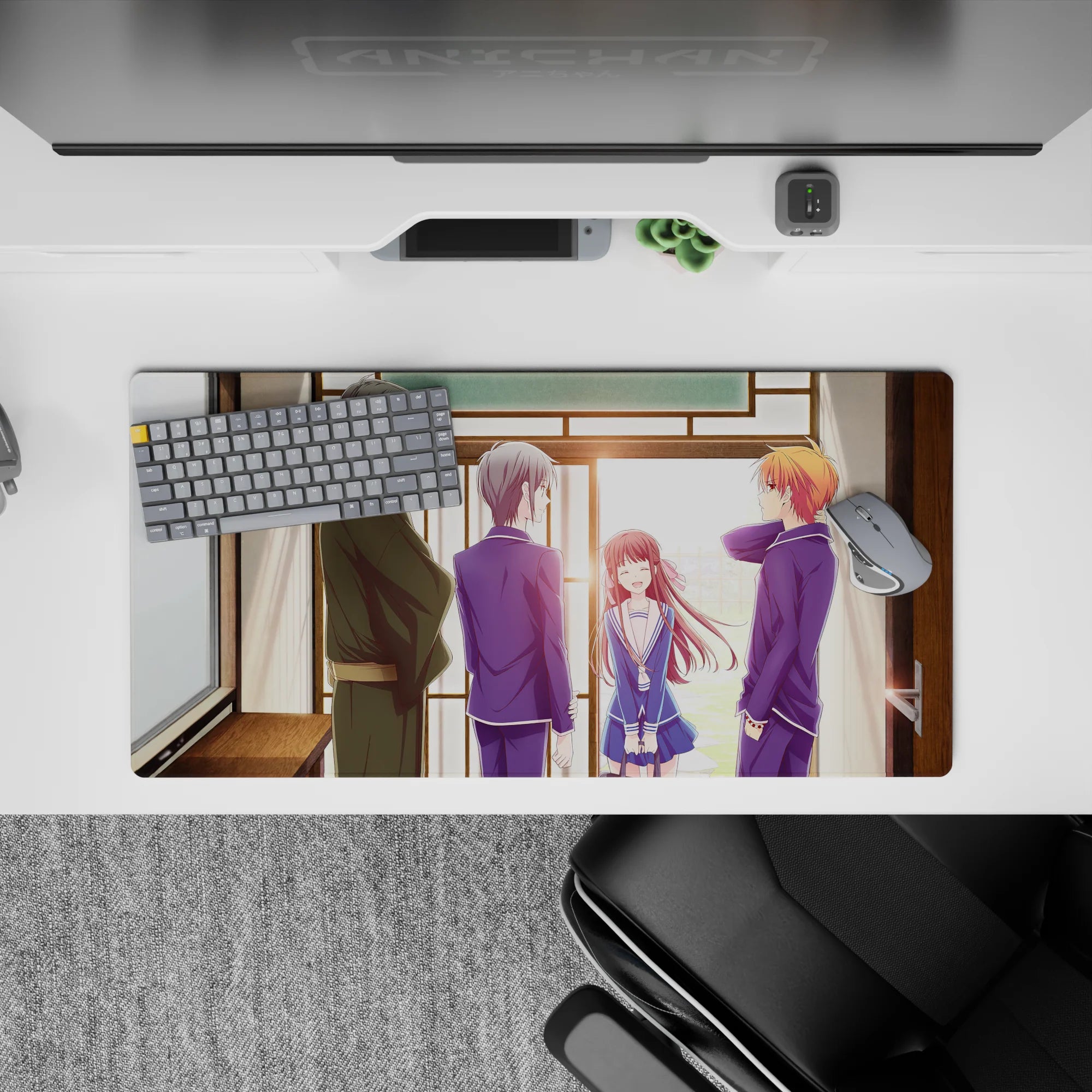 32x16 inches anime mouse pad in warm browns and navy, sunlit afternoon romance with cozy gradients.