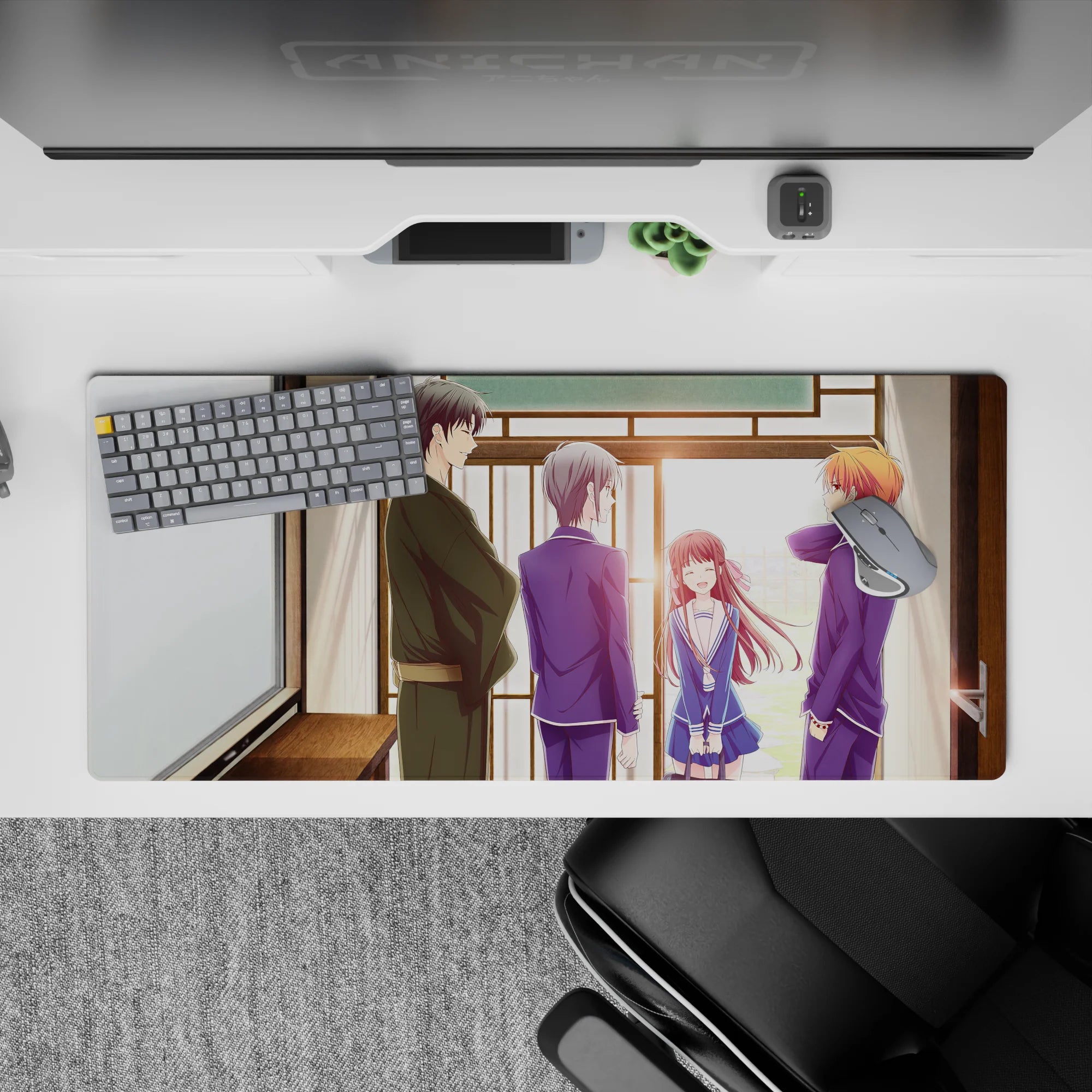 36x16 inches anime desk pad in soft afternoon sun, warm browns and navy uniforms with cozy glow.