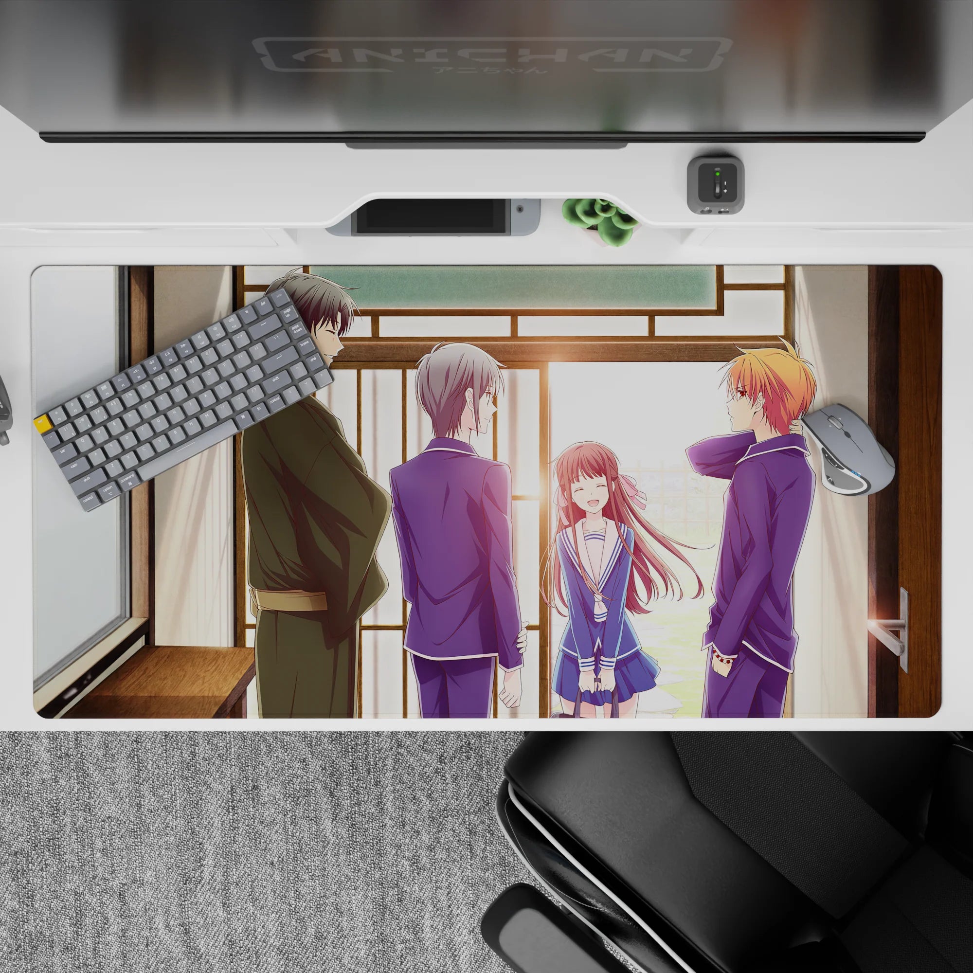40x20 inches anime desk pad in warm browns and navy, soft afternoon glow, cozy romantic vibe.