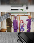 40x20 inches anime desk pad in warm browns and navy, soft afternoon glow, cozy romantic vibe.