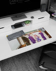 Anime mouse pad 28x12 inches with shy smiling girl and flowing hair, friends nearby, calm kimono watcher.