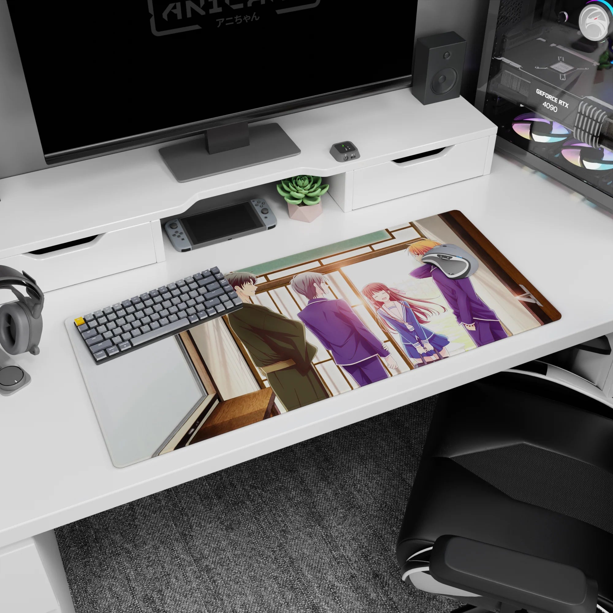 36x16 inches anime desk pad showing shy smiling girl with flowing hair, friends nearby, kimono figure watching.