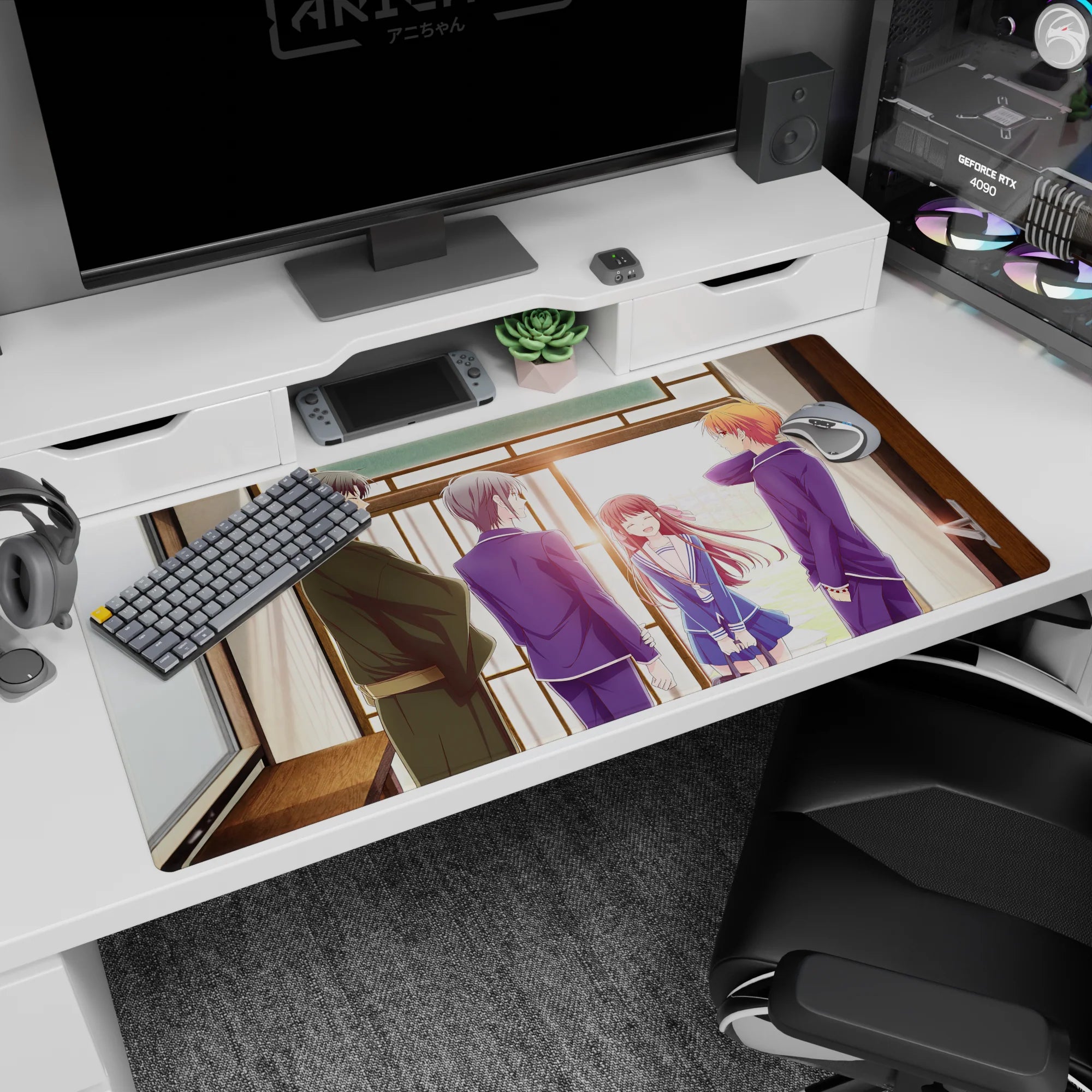 40x20 inches anime desk pad with shy smiling girl and flowing hair, friends nearby, tall kimono figure watching.