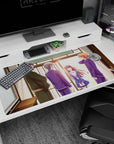 40x20 inches anime desk pad with shy smiling girl and flowing hair, friends nearby, tall kimono figure watching.