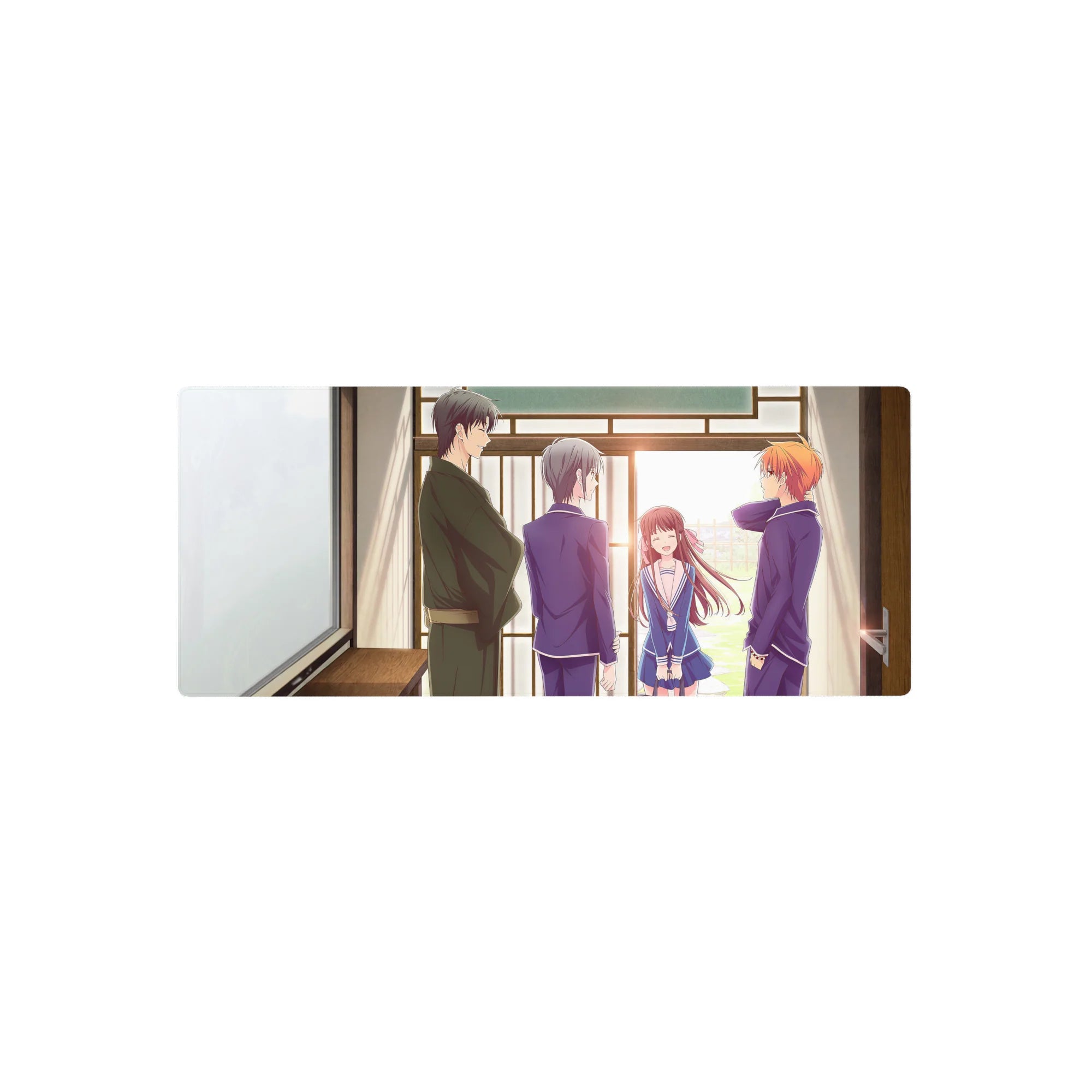 Anime mouse pad 28x12 inches featuring four friends by a wooden doorway, navy uniforms and a kimono figure.