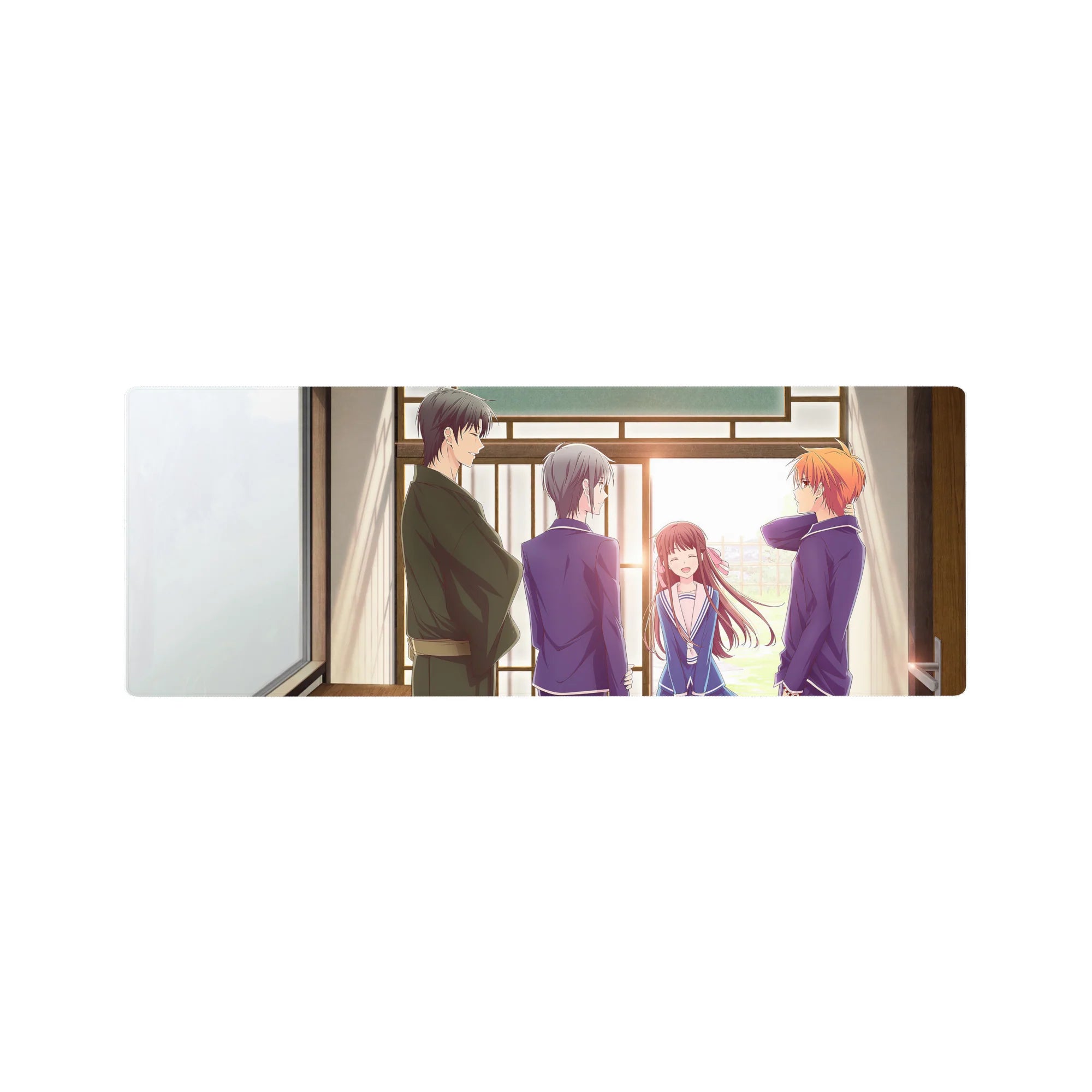 32x12 inches anime mouse pad with four friends by a wooden doorway, navy uniforms, and a calm kimono figure.