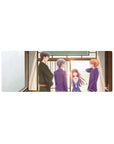 32x12 inches anime mouse pad with four friends by a wooden doorway, navy uniforms, and a calm kimono figure.
