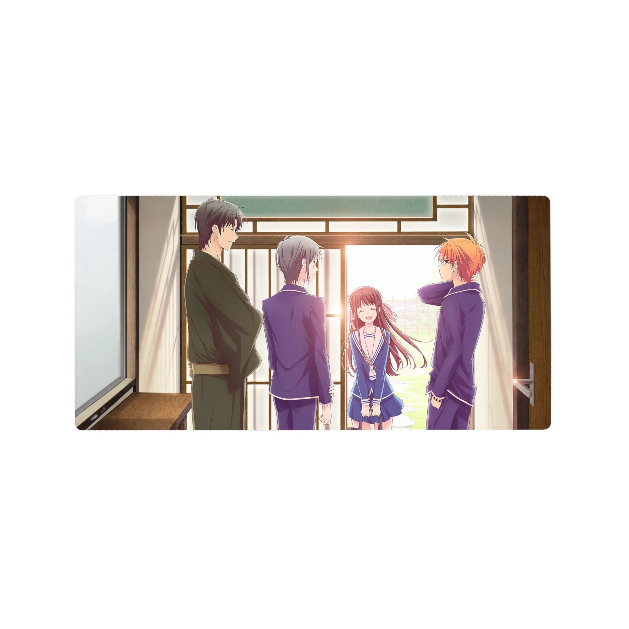 32x16 inches anime mouse pad with four friends in navy uniforms by a wooden doorway, soft linework glow.