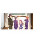 32x16 inches anime mouse pad with four friends in navy uniforms by a wooden doorway, soft linework glow.