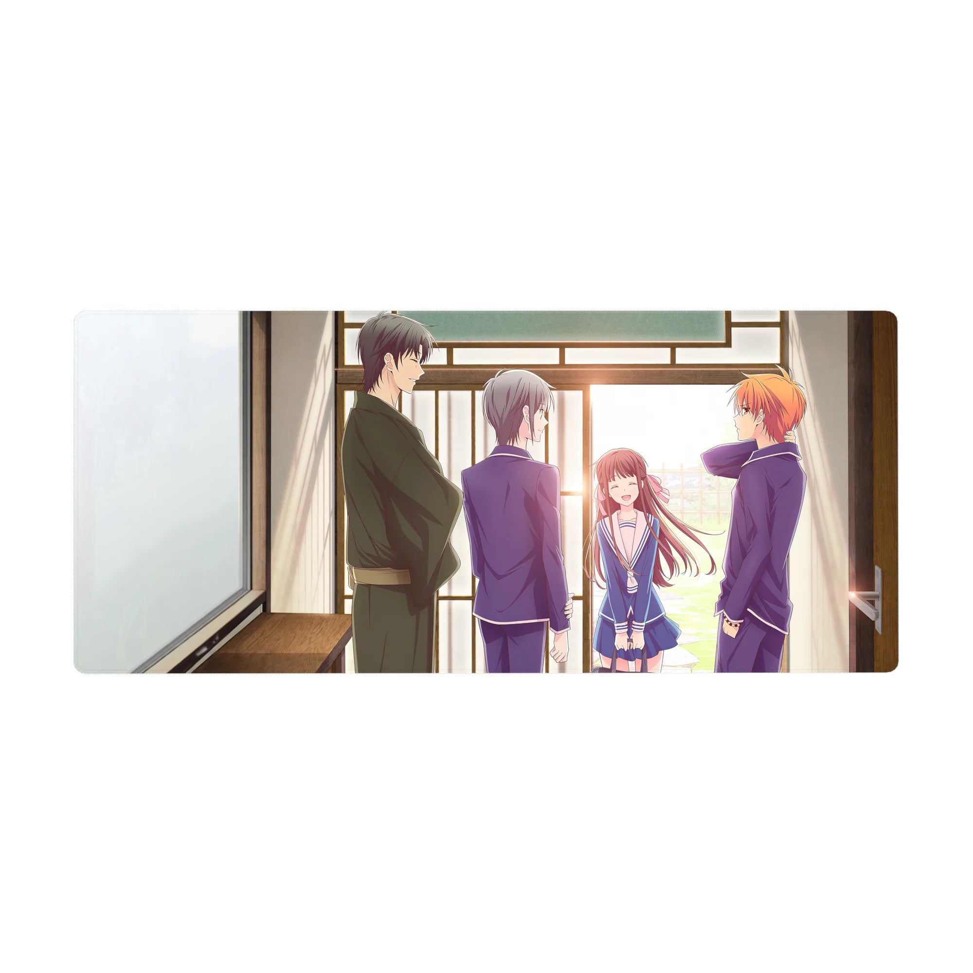 36x16 inches anime desk pad with four friends in navy school uniforms at a wooden doorway, warm romance.