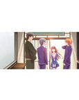 36x16 inches anime desk pad with four friends in navy school uniforms at a wooden doorway, warm romance.