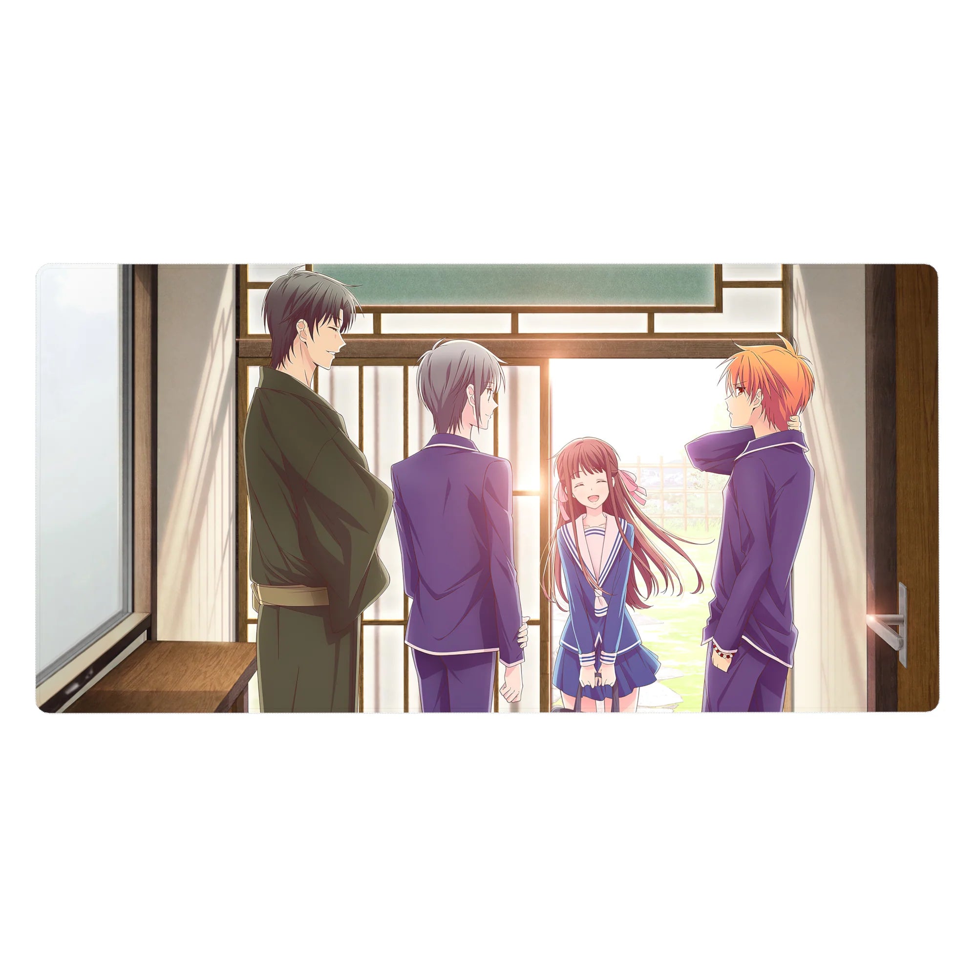 40x20 inches anime desk pad with four friends in navy school uniforms in a sunlit wooden doorway scene.