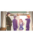 40x20 inches anime desk pad with four friends in navy school uniforms in a sunlit wooden doorway scene.