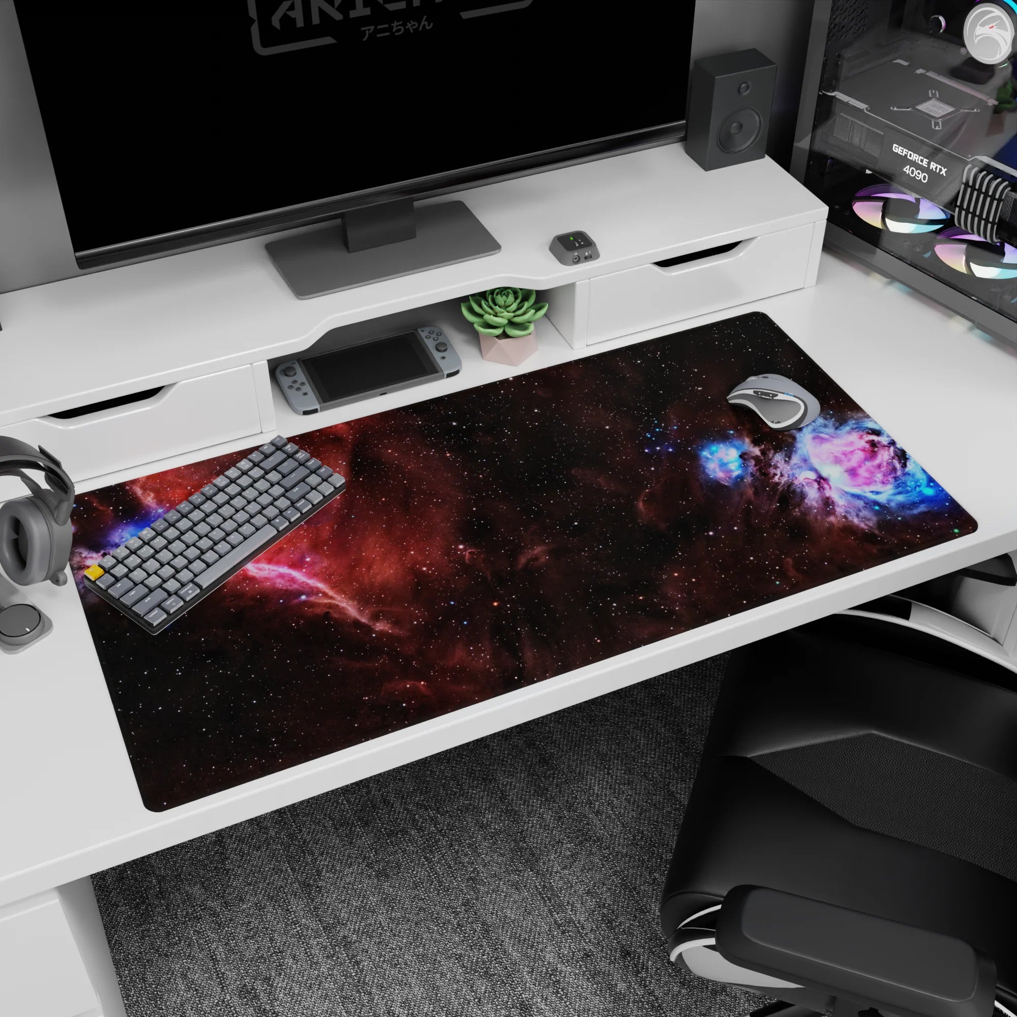 Star-speckled nebula scene desk pad like a window into space, 40x20 inches.