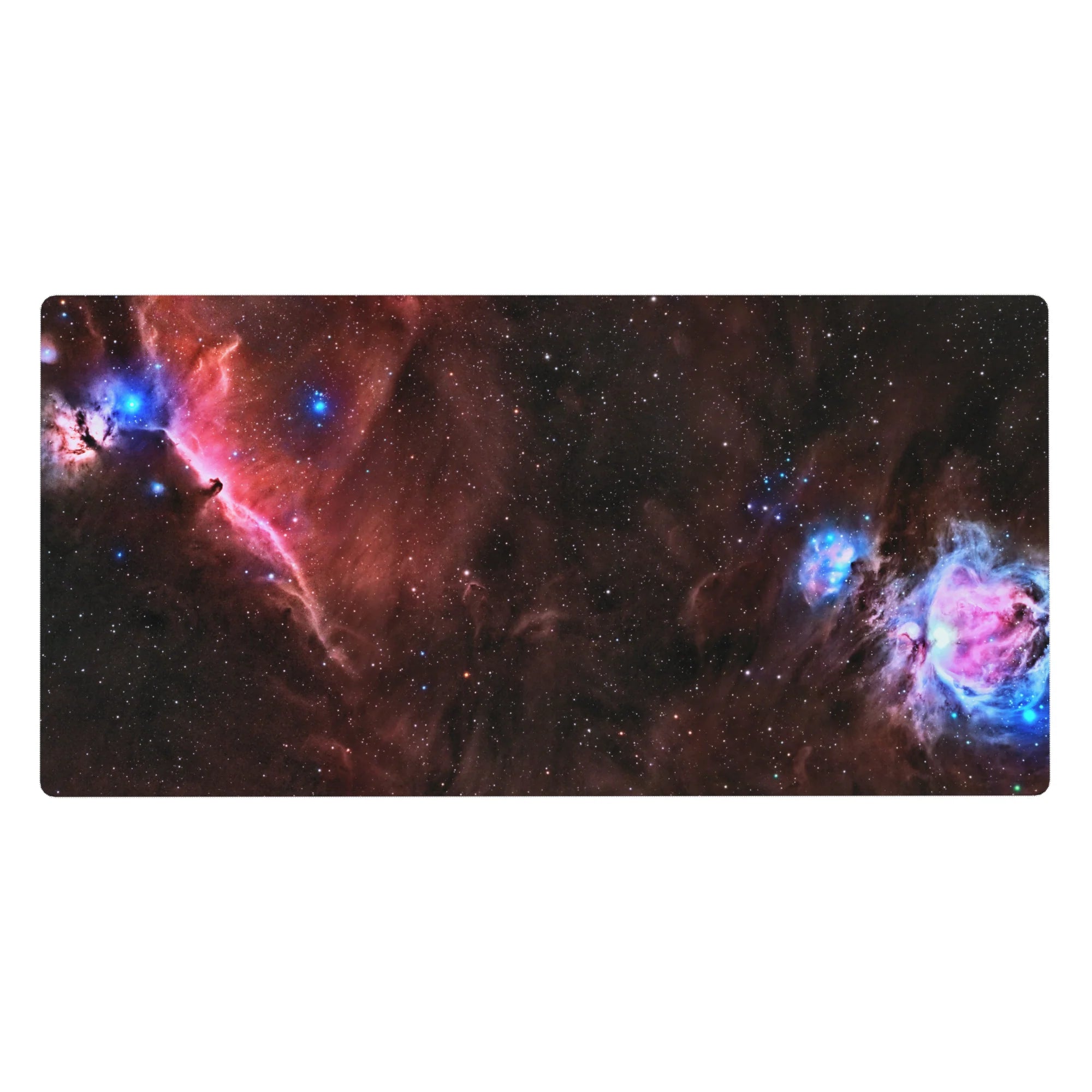 Cosmic deep space desk pad with smoky black swirls and stardust pattern, 40x20 inches.