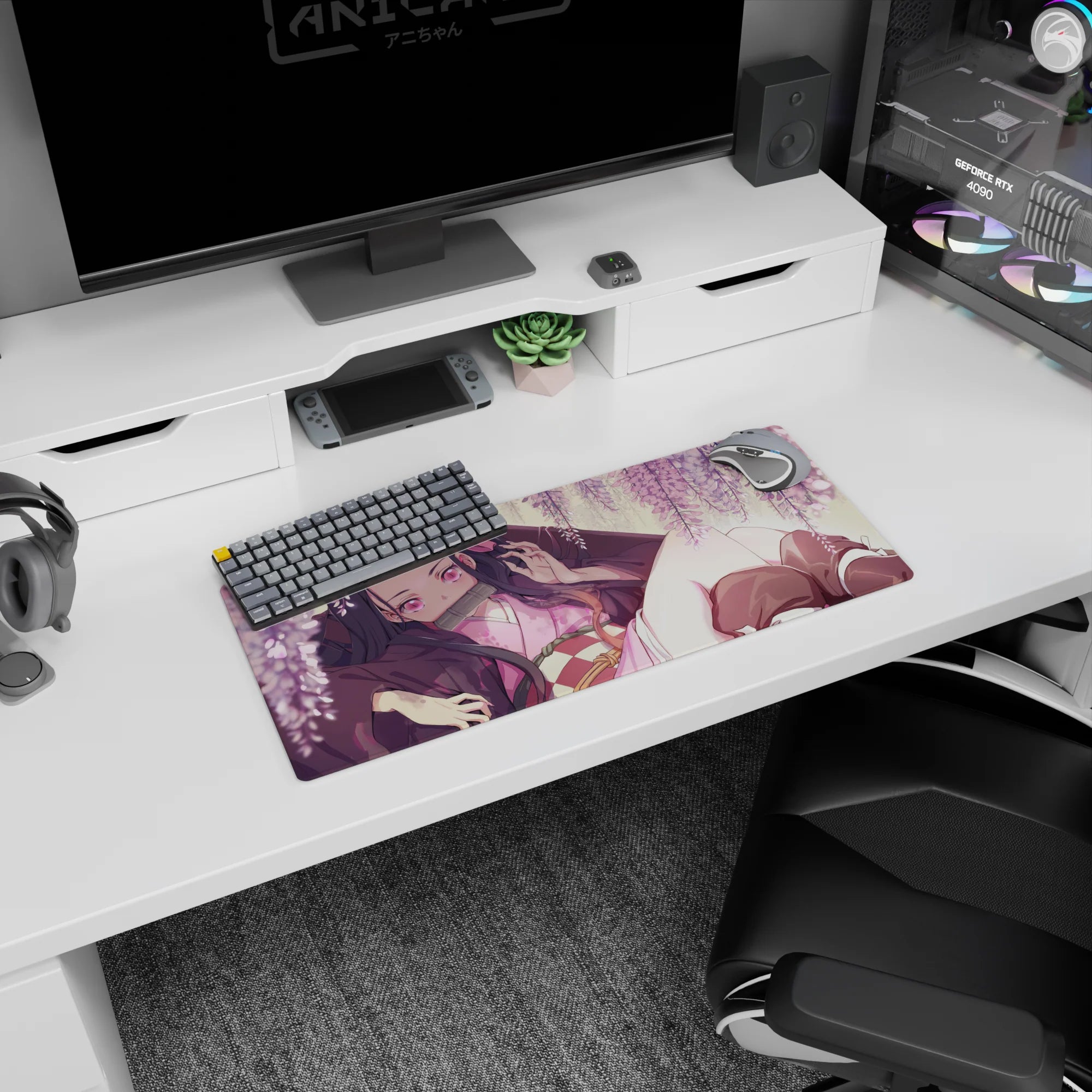 Nezuko from Demon Slayer lounges under wisteria on a 28x12 inch anime mouse pad, with blush-pink blooms and a dreamy vibe.