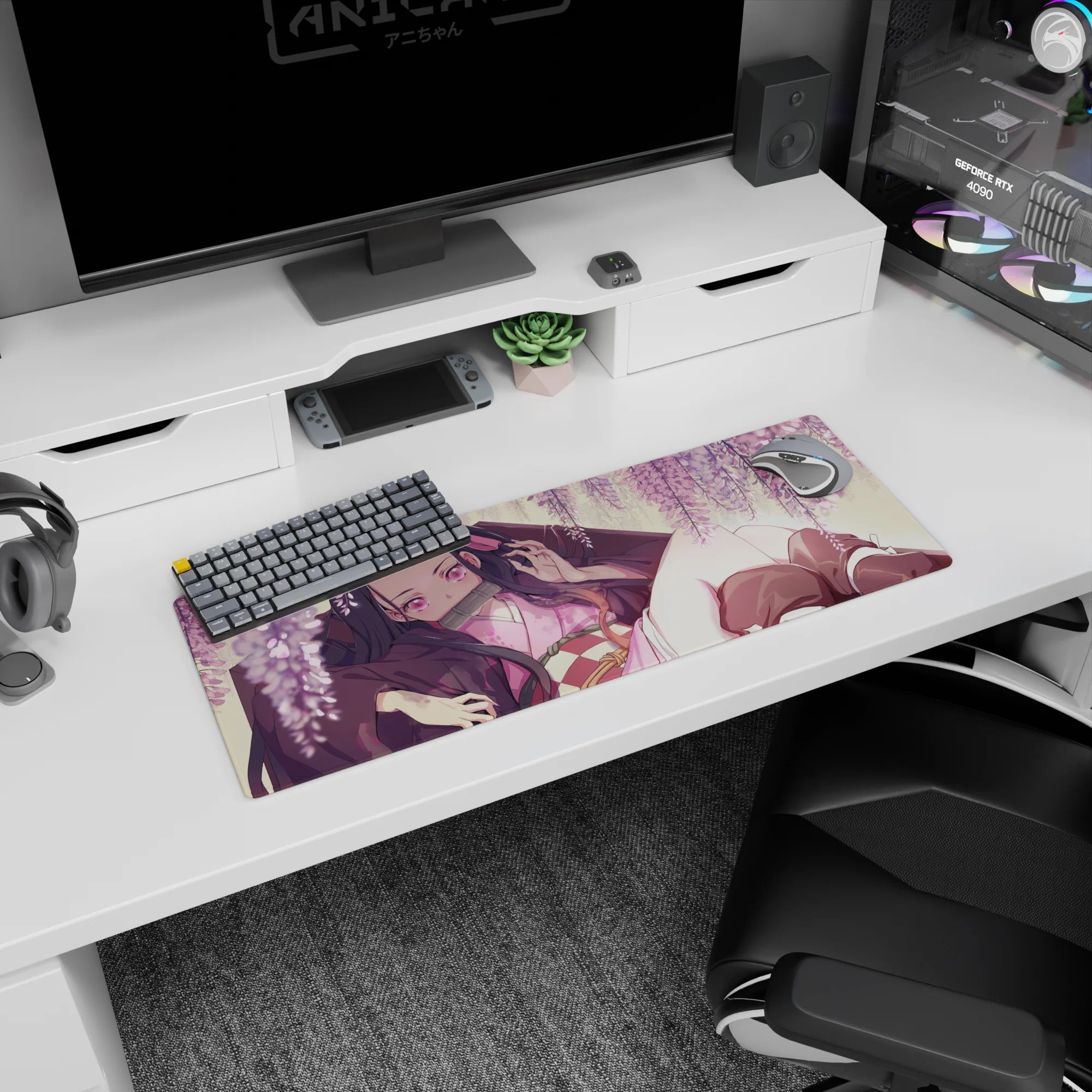 Demon Slayer mouse pad 32x12 inches featuring Nezuko under wisteria, surrounded by blush-pink blooms and golden light.
