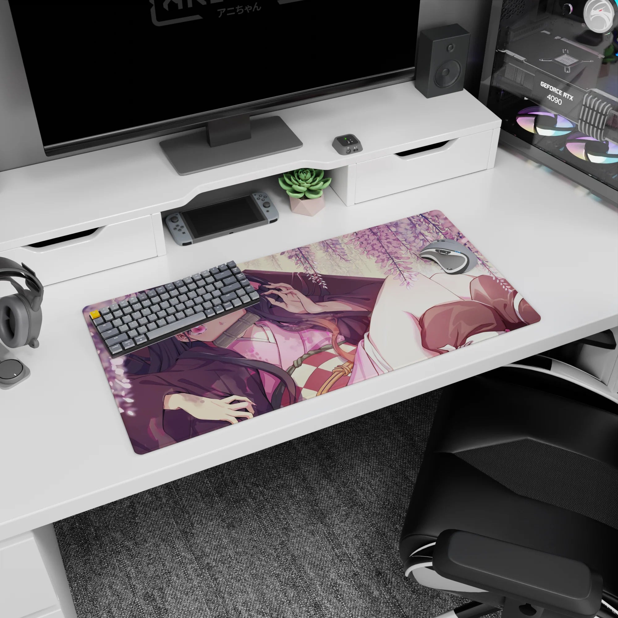 Nezuko from Demon Slayer on a 32x16 inch anime mouse pad, surrounded by wisteria and blush-pink blooms, creating a serene scene.