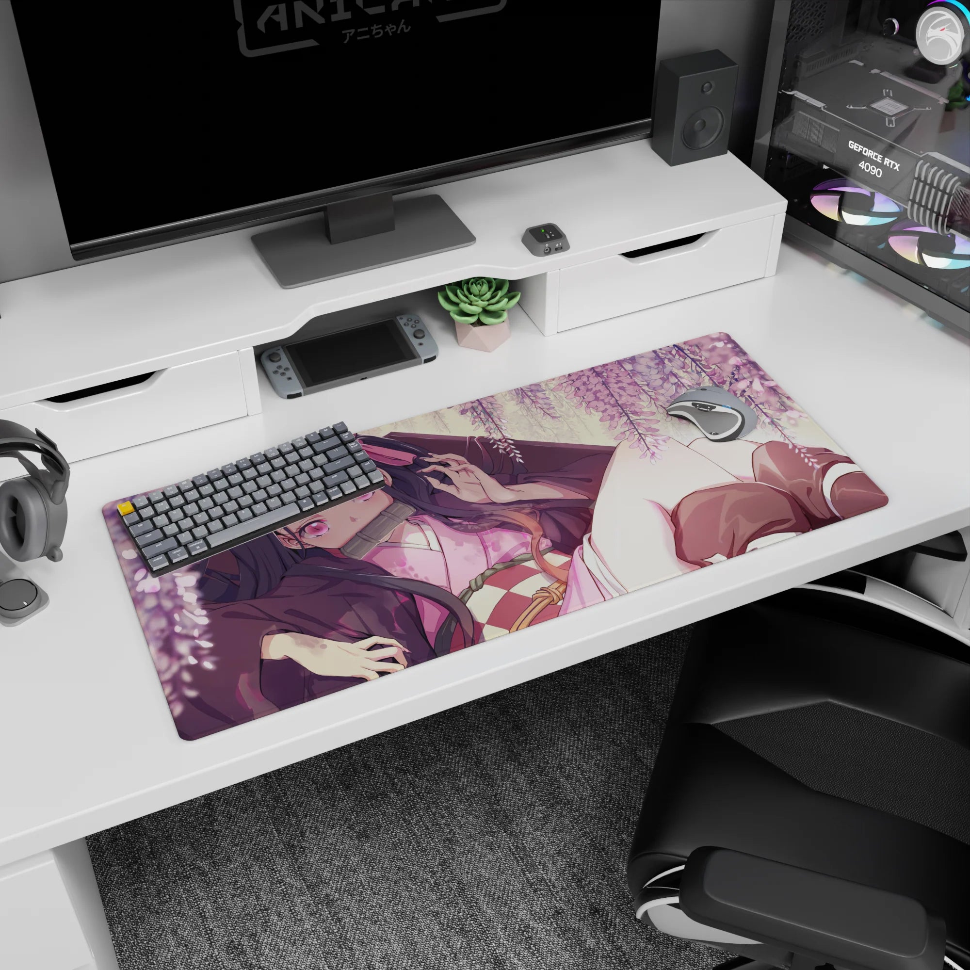 Nezuko from Demon Slayer on 36x16 inch desk pad under wisteria blooms, creating a serene, magical spring atmosphere.