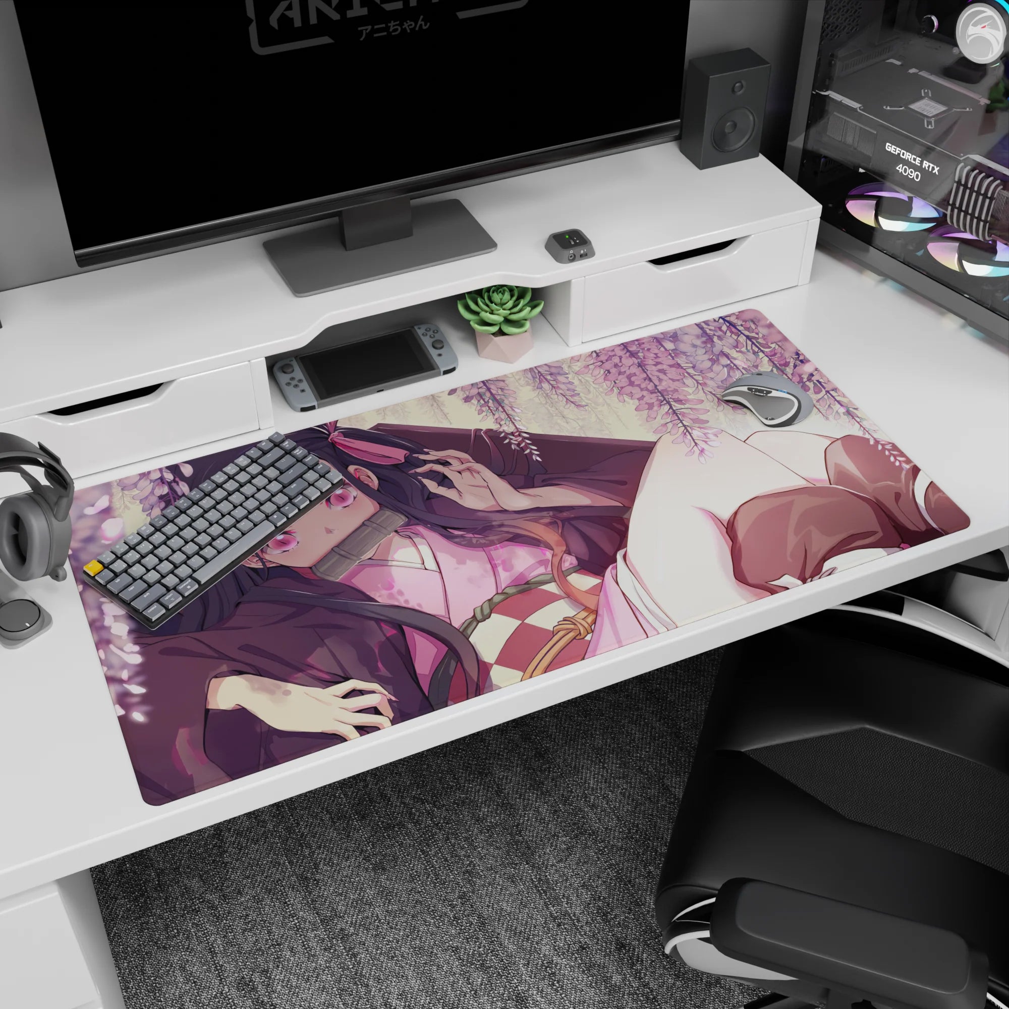 Nezuko from Demon Slayer on a 40x20 inch desk pad, surrounded by wisteria blooms, creating a soft and surreal scene.