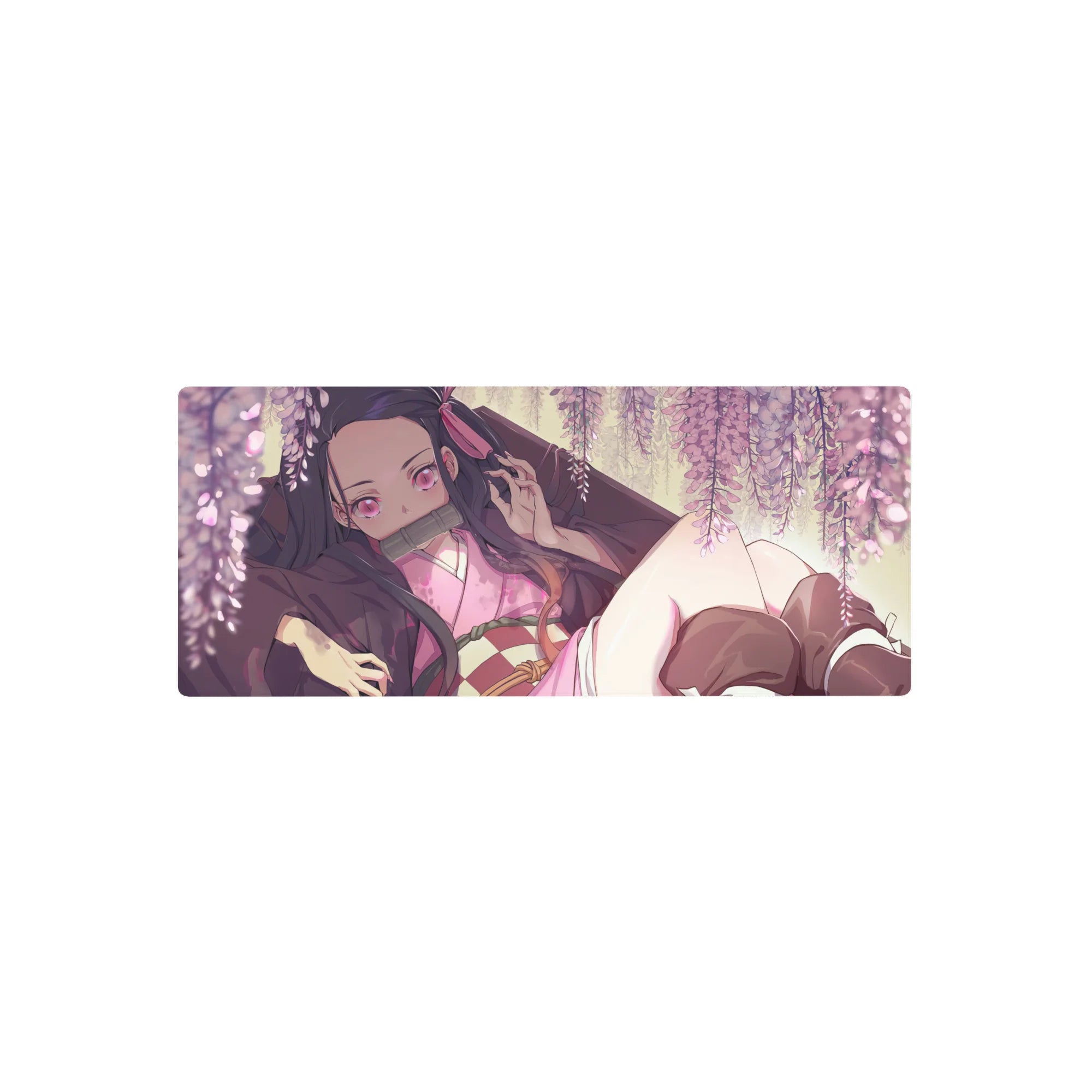 Nezuko from Demon Slayer on a 28x12 inch anime mouse pad, surrounded by blush-pink wisteria, creating a cozy, dreamy scene.