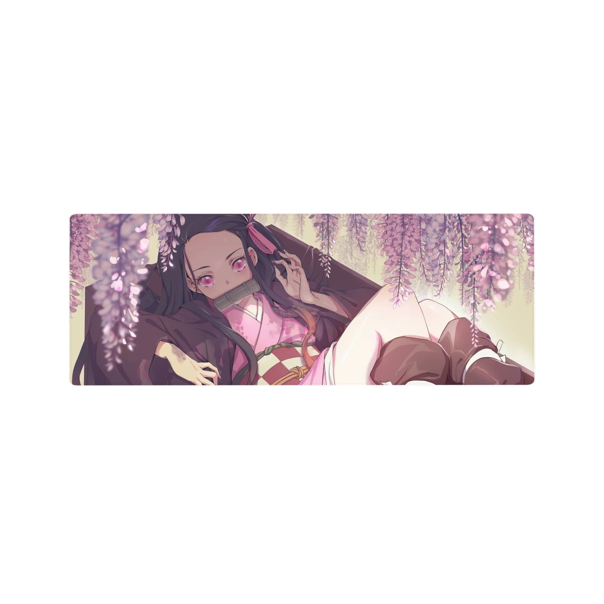 Nezuko lounging under wisteria on a 32x12 inch anime mouse pad from Demon Slayer, surrounded by blush-pink blooms.