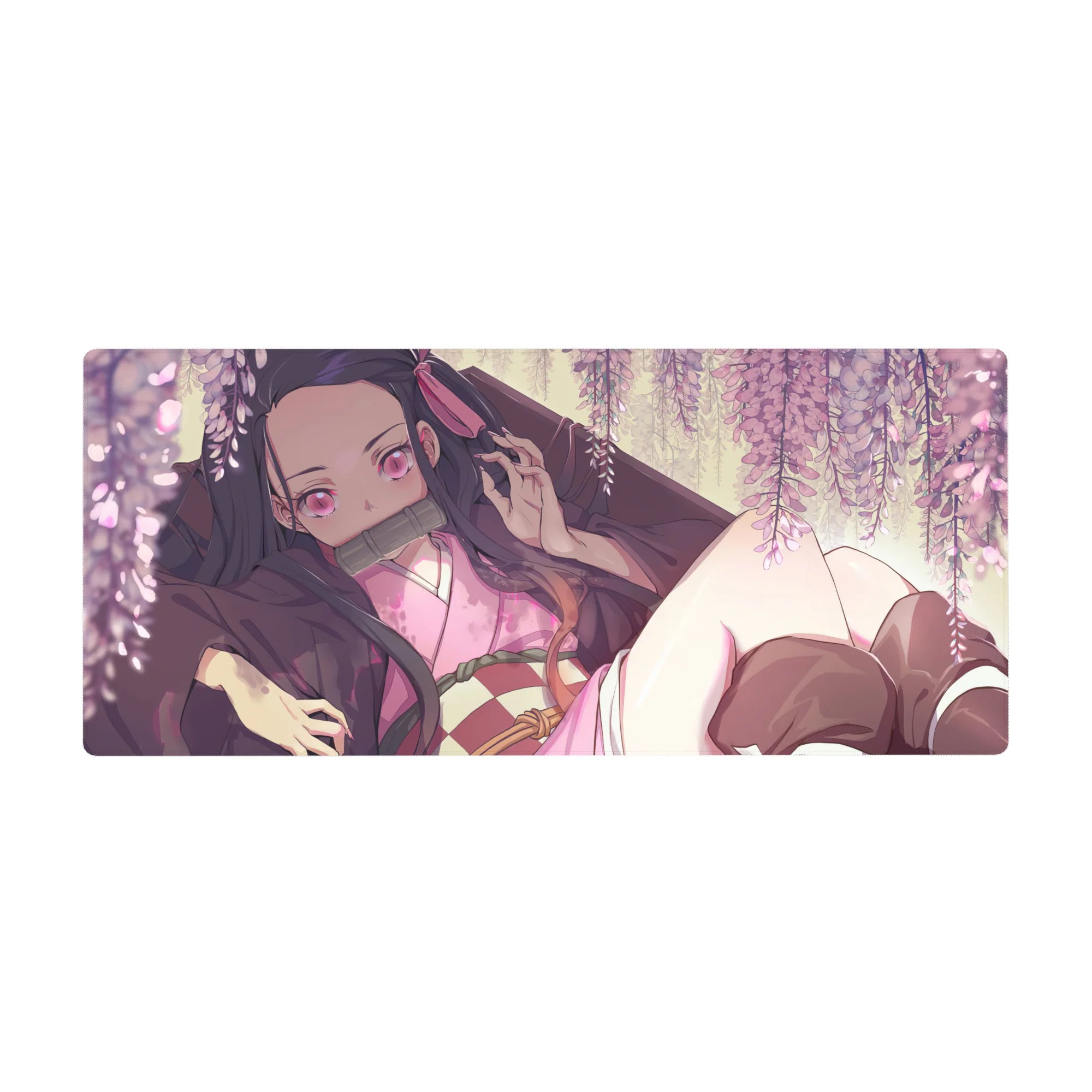 Nezuko from Demon Slayer under wisteria on a 36x16 inch anime desk pad, surrounded by blush-pink blooms and golden light.