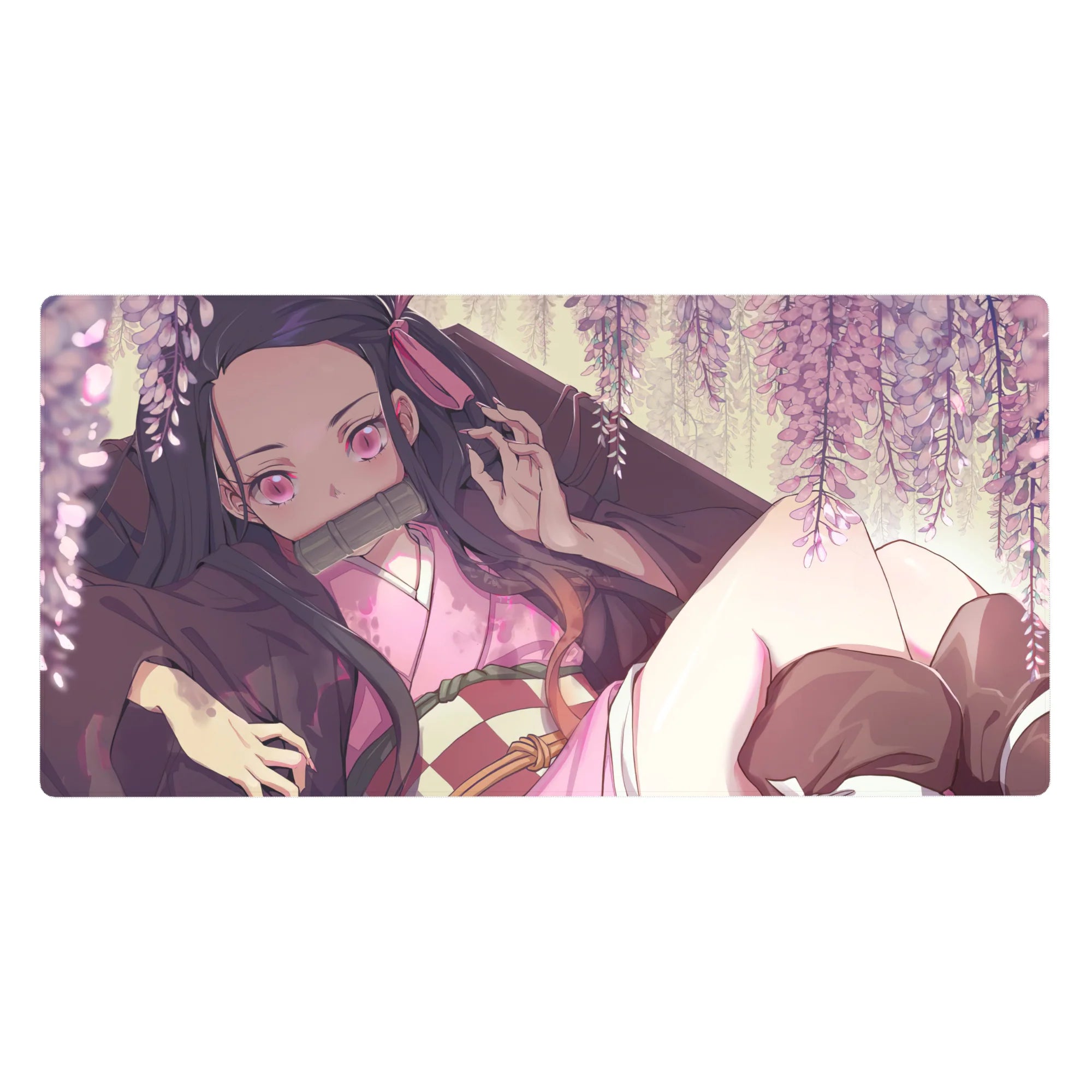 Nezuko from Demon Slayer lounges under wisteria on a 40x20 inch desk pad; pink blooms and golden light create a dreamy scene.