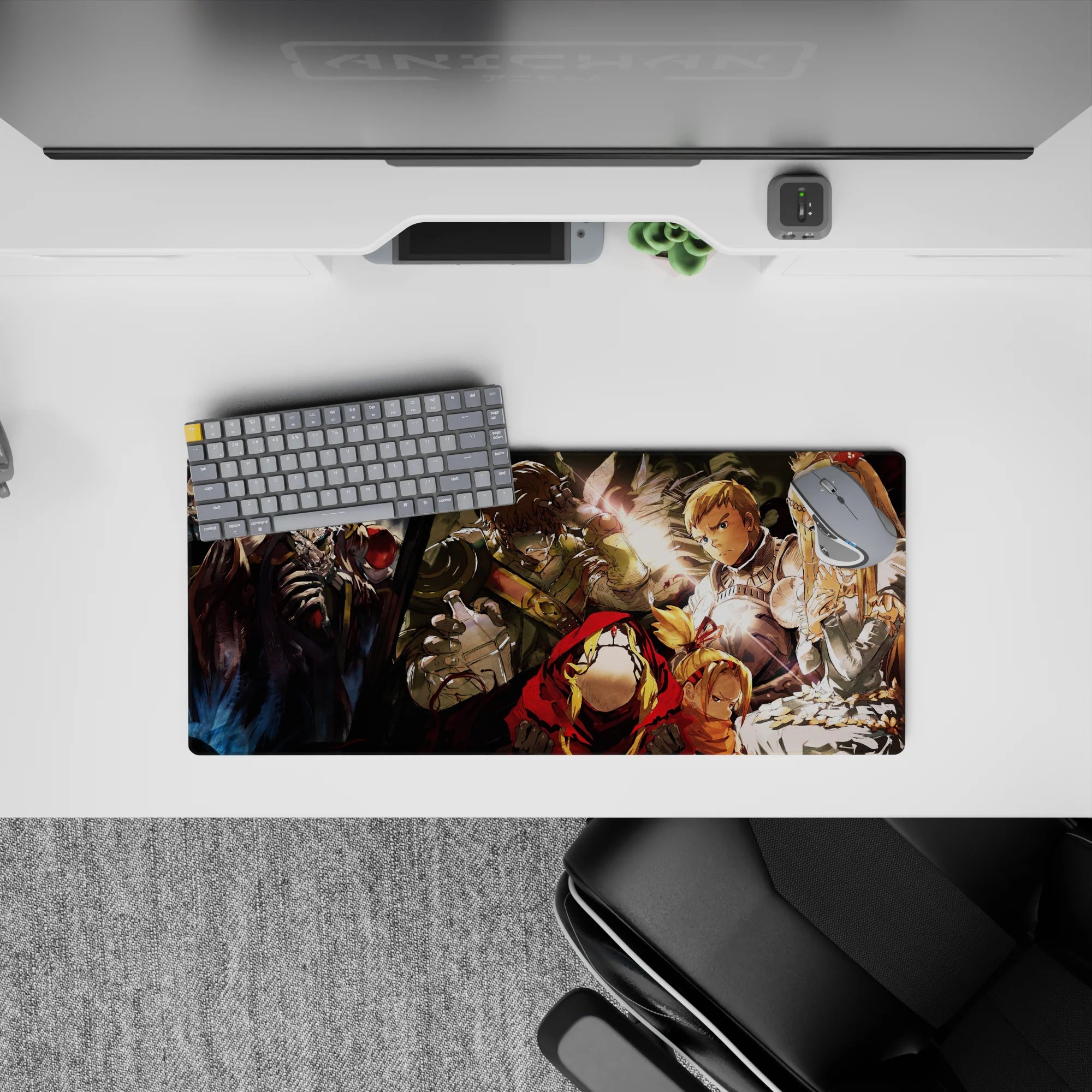 Ainz Ooal Gown and adventurers from Overlord on 28x12 inch mouse pad, capturing tension and drama with vivid contrasts.