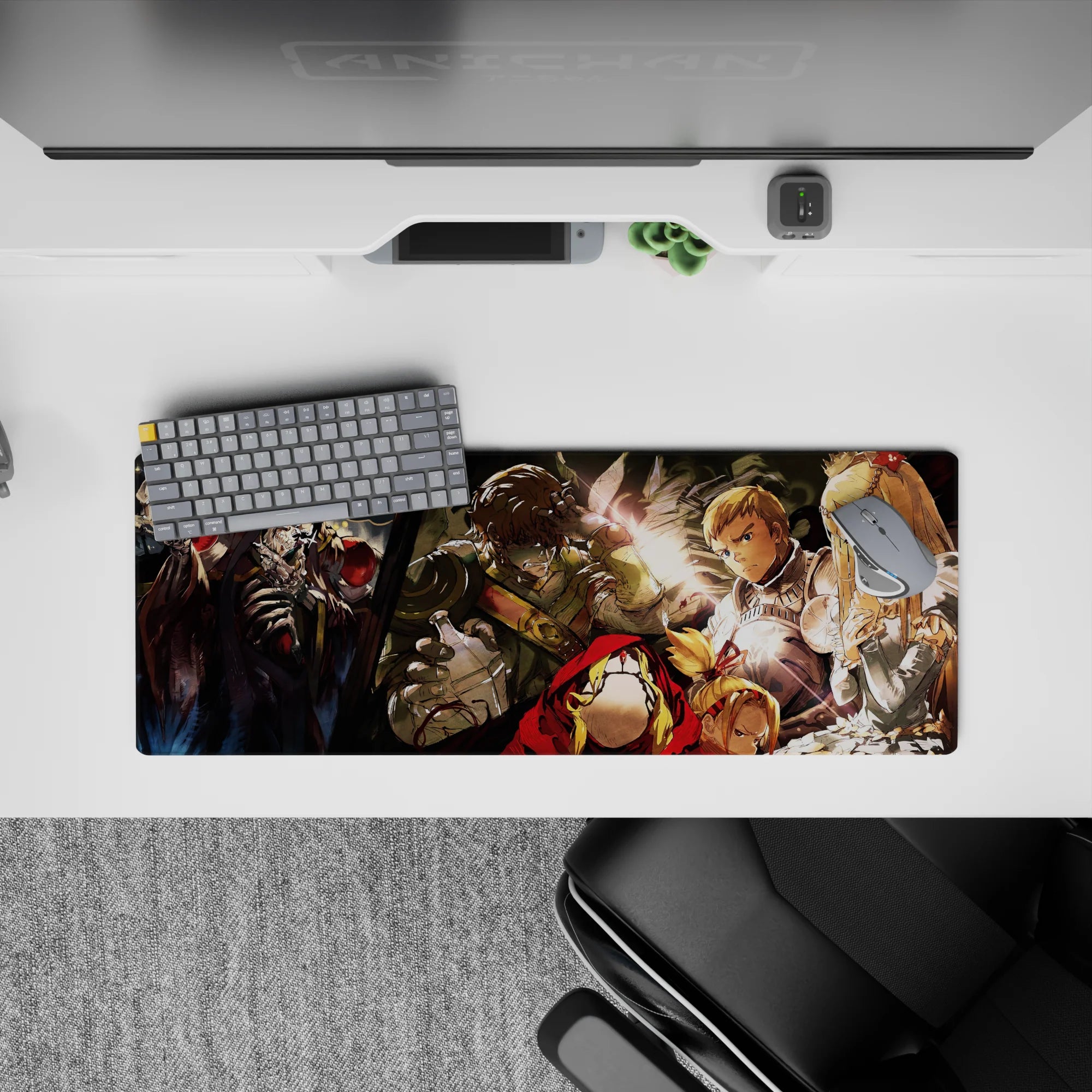 Anime mouse pad 32x12 inches featuring Ainz Ooal Gown from Overlord with intense scenes of adventurers in conflict.