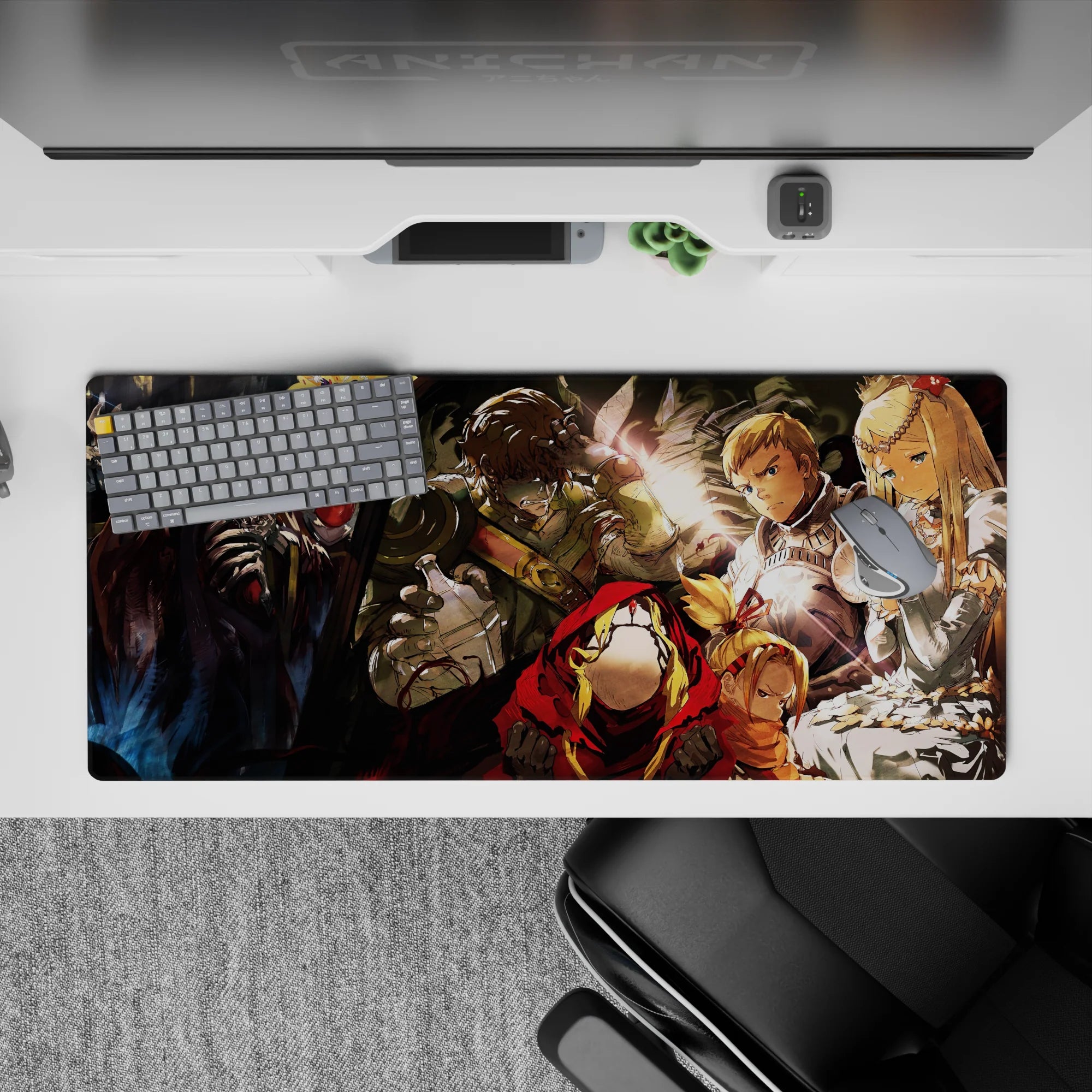 Overlord desk pad 36x16 inches featuring Ainz Ooal Gown with adventurers, capturing tension and drama in vibrant detail.