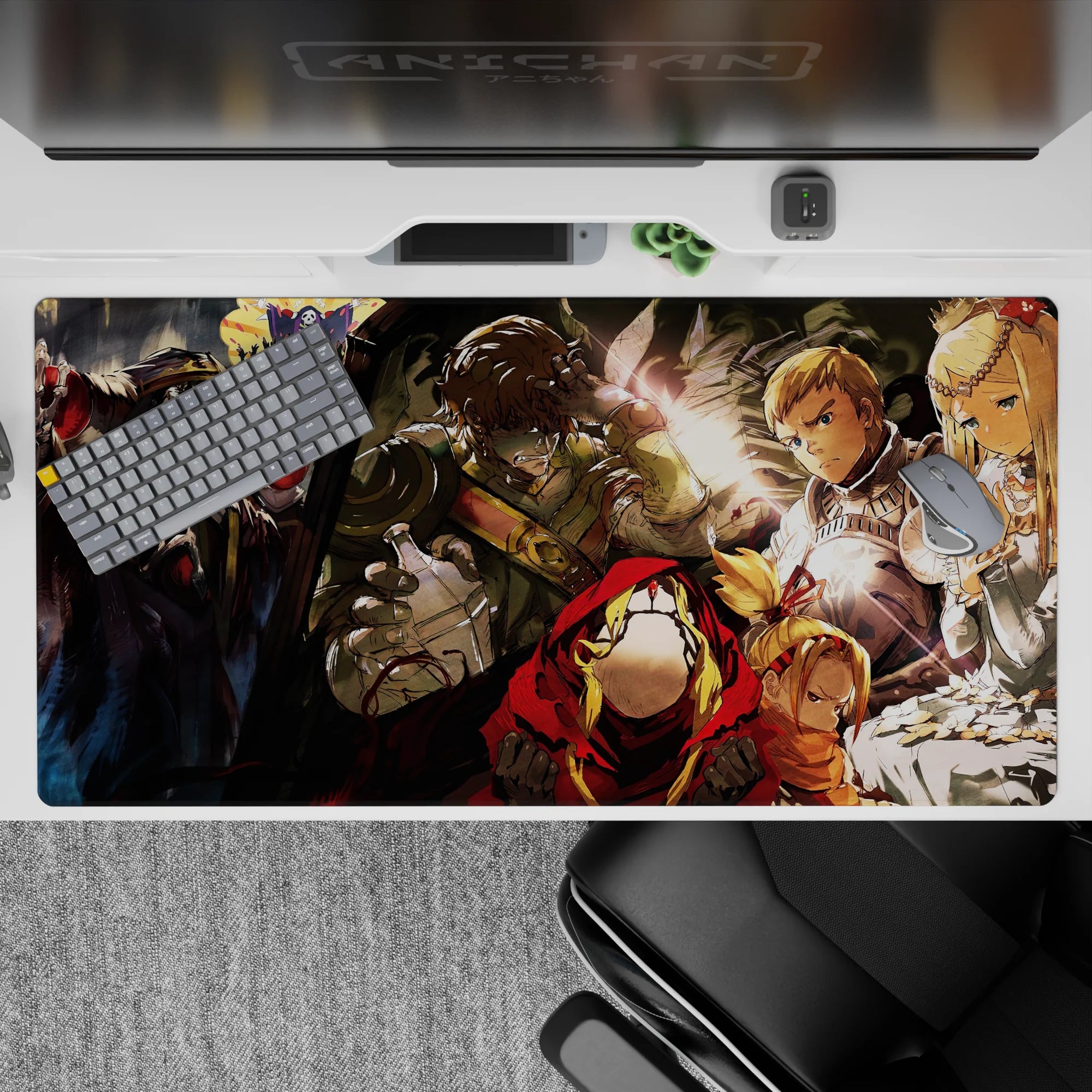 Overlord anime desk pad 40x20 inches featuring Ainz Ooal Gown and adventurers in intense, dramatic scenes.