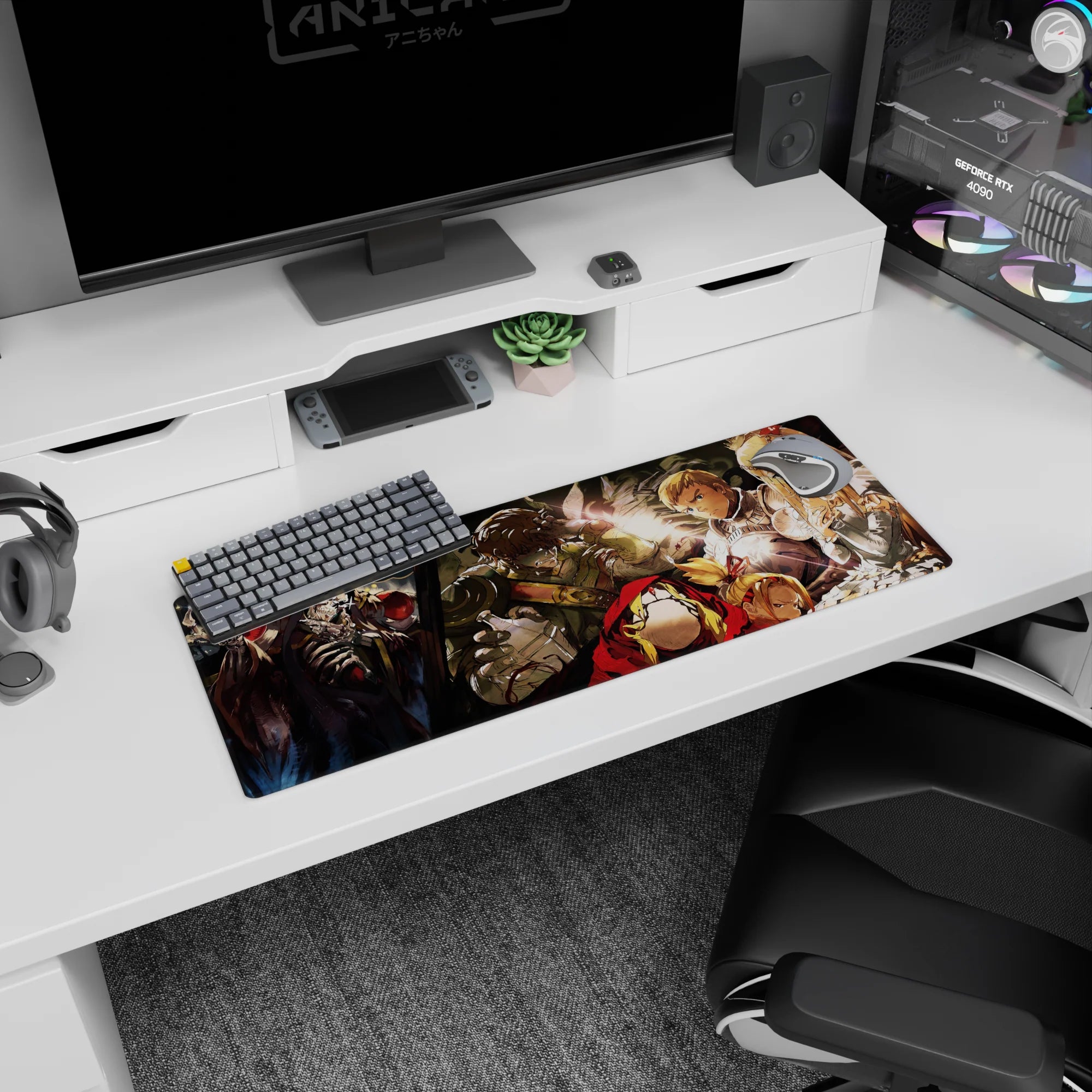 Overlord anime mouse pad 32x12 inches featuring Ainz Ooal Gown and adventurers in a dramatic, emotional scene.