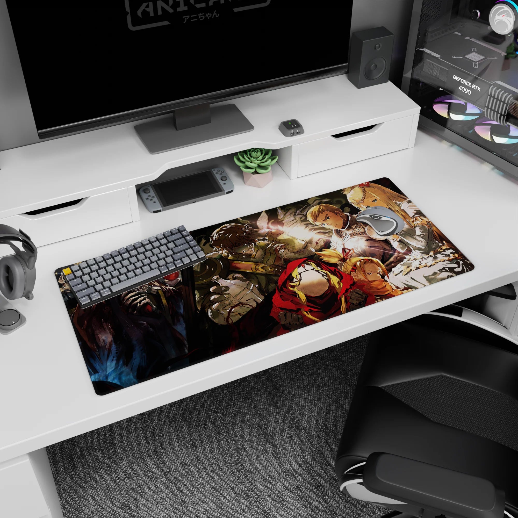 Overlord desk pad 36x16 inches featuring Ainz Ooal Gown and adventurers in a dramatic, emotional scene, perfect for anime fans.
